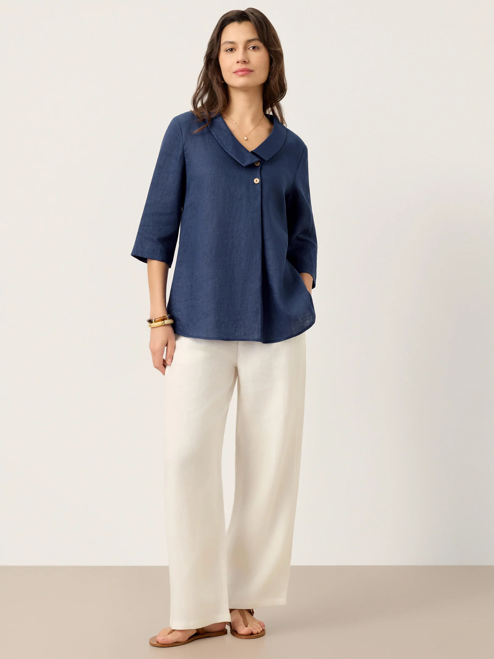 100% Linen Asymmetric Collar Inverted Pleat Top OTTILIE - Image 9