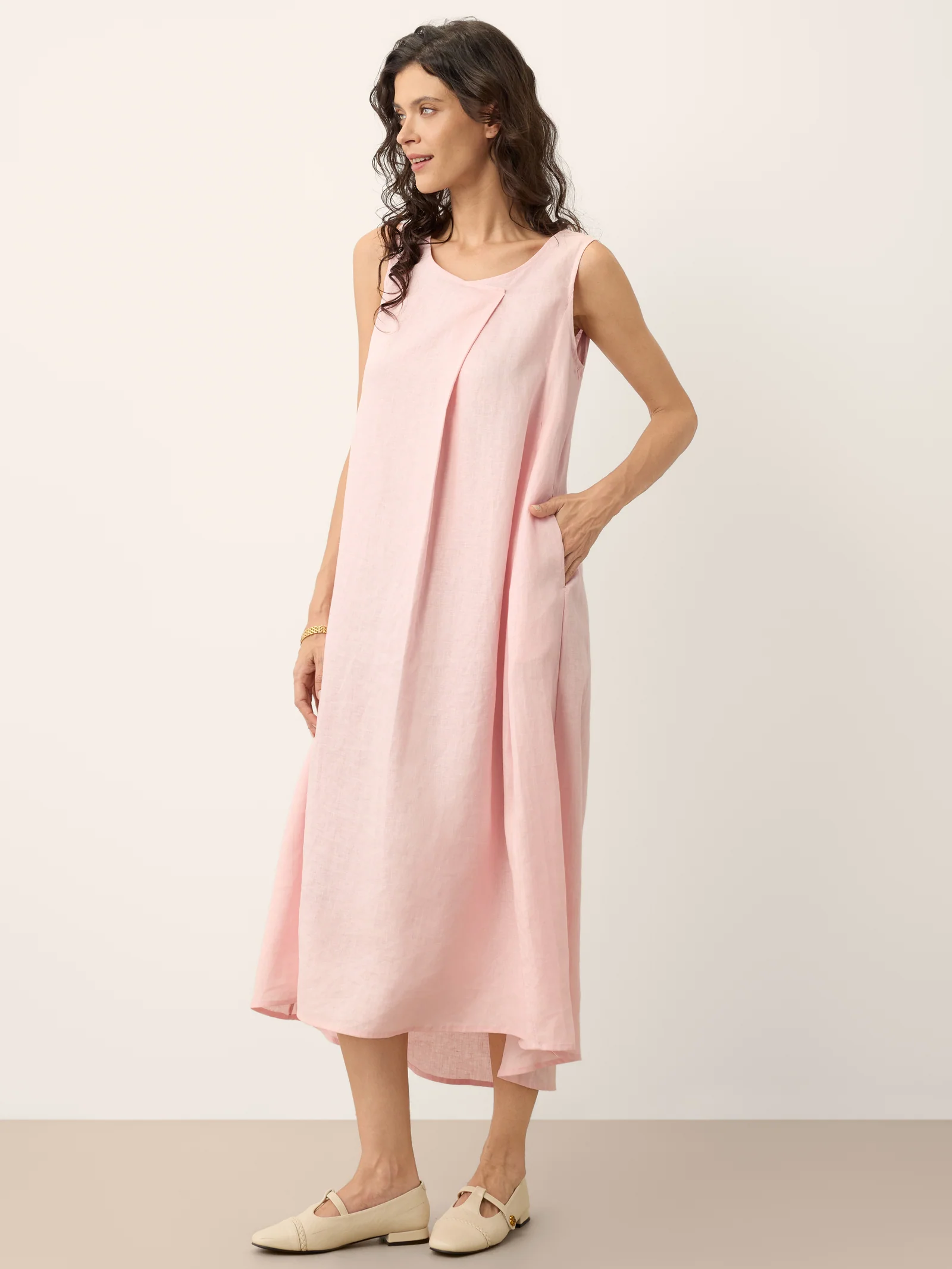 100% Linen Asymmetric Pleat A-Line Maxi Dress KARINA - Image 4