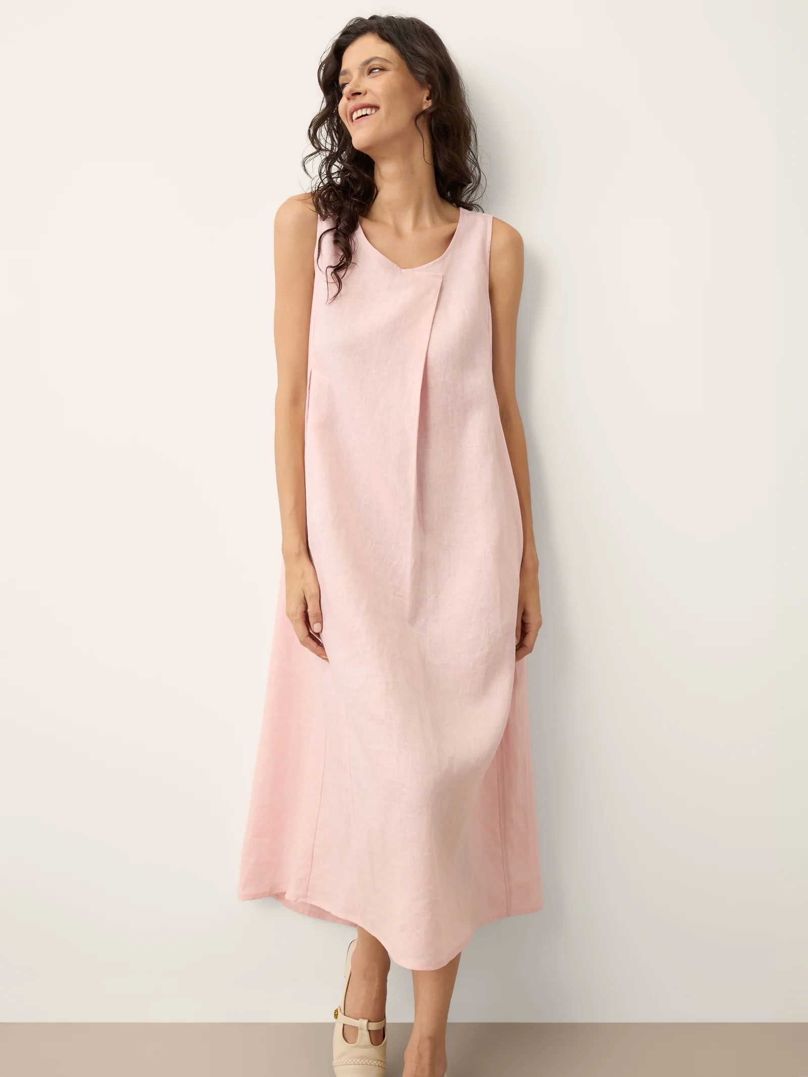 100% Linen Asymmetric Pleat A-Line Maxi Dress KARINA - Image 6
