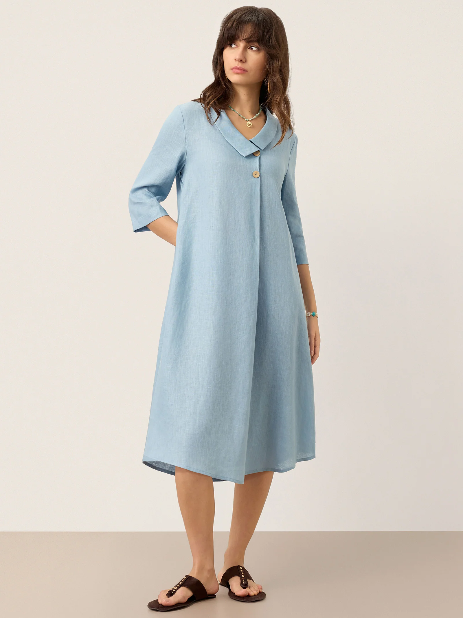 100% Linen Asymmetric Shawl Collar A-Line Midi Dress WINIFRED