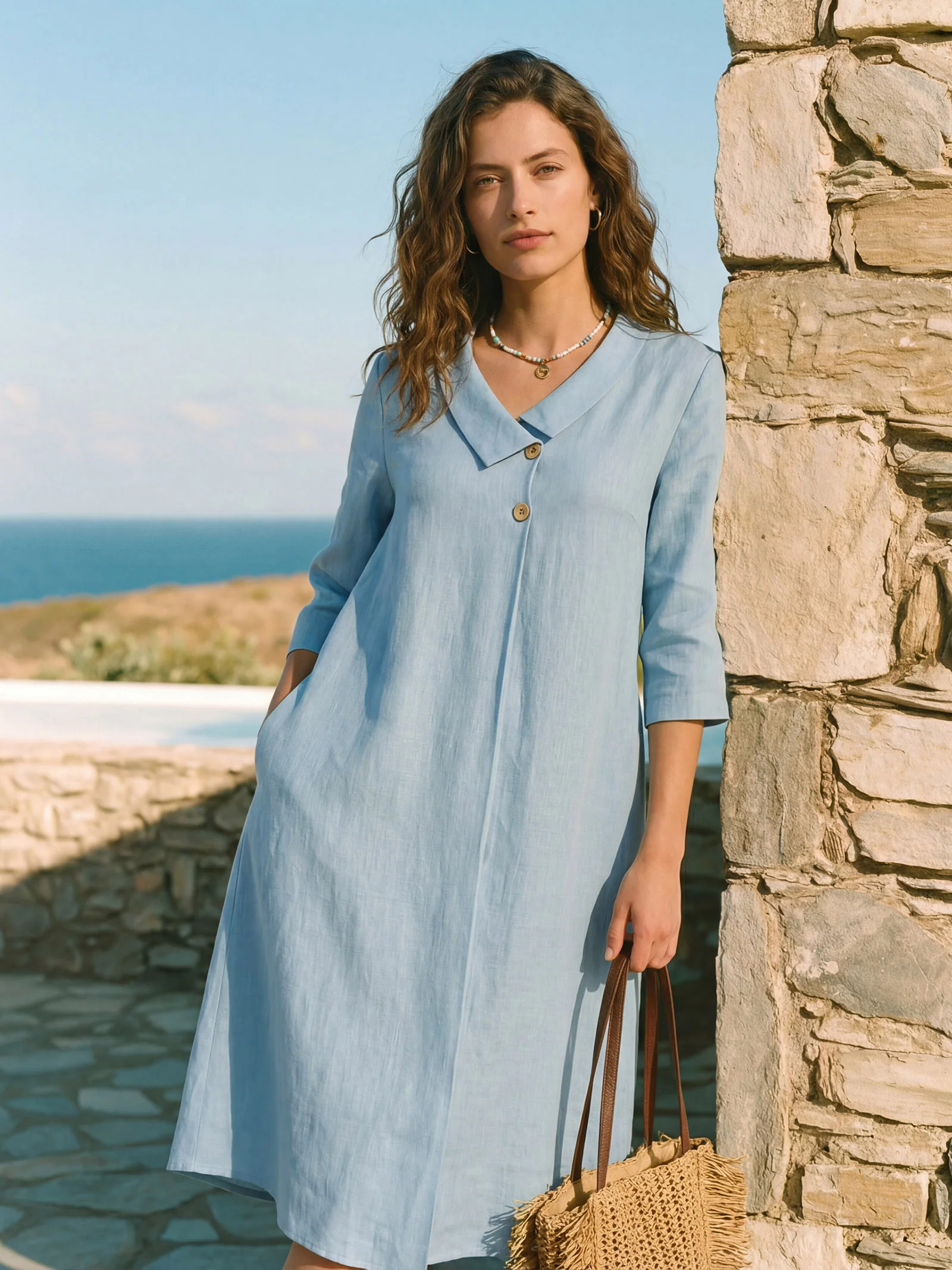 100% Linen Asymmetric Shawl Collar A-Line Midi Dress WINIFRED - Image 2