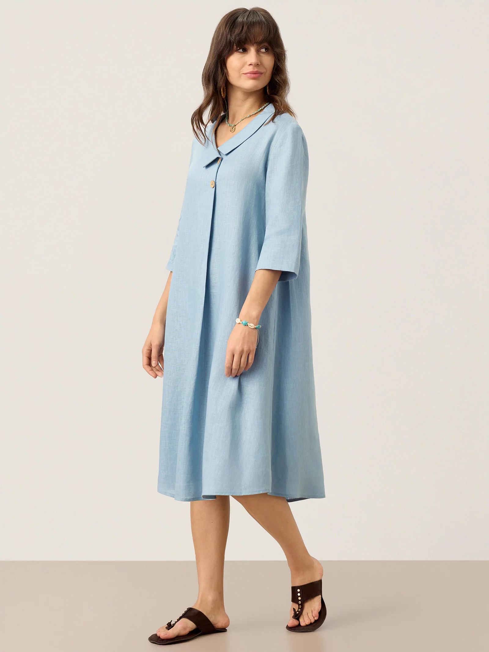 100% Linen Asymmetric Shawl Collar A-Line Midi Dress WINIFRED - Image 3