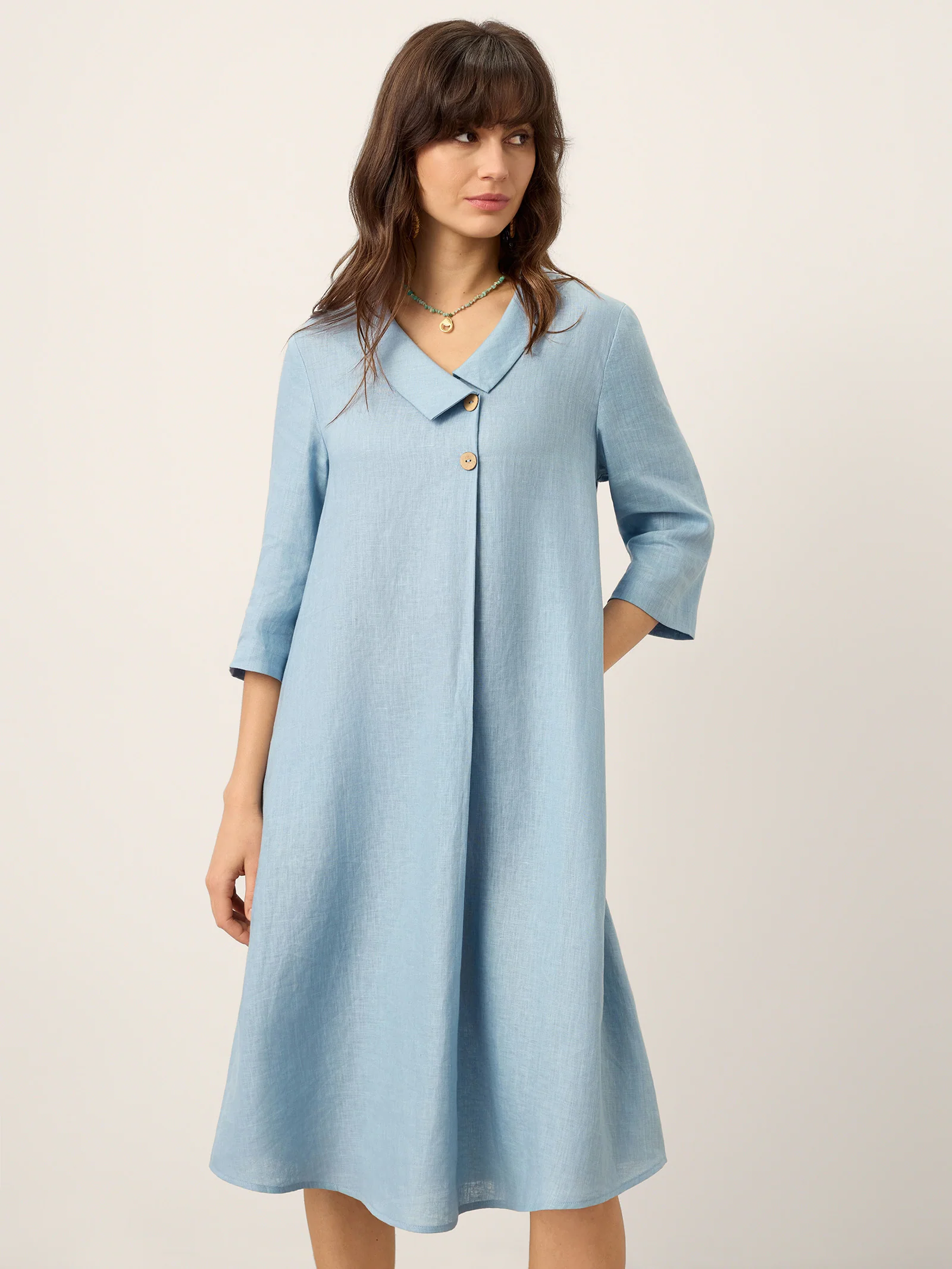 100% Linen Asymmetric Shawl Collar A-Line Midi Dress WINIFRED - Image 5