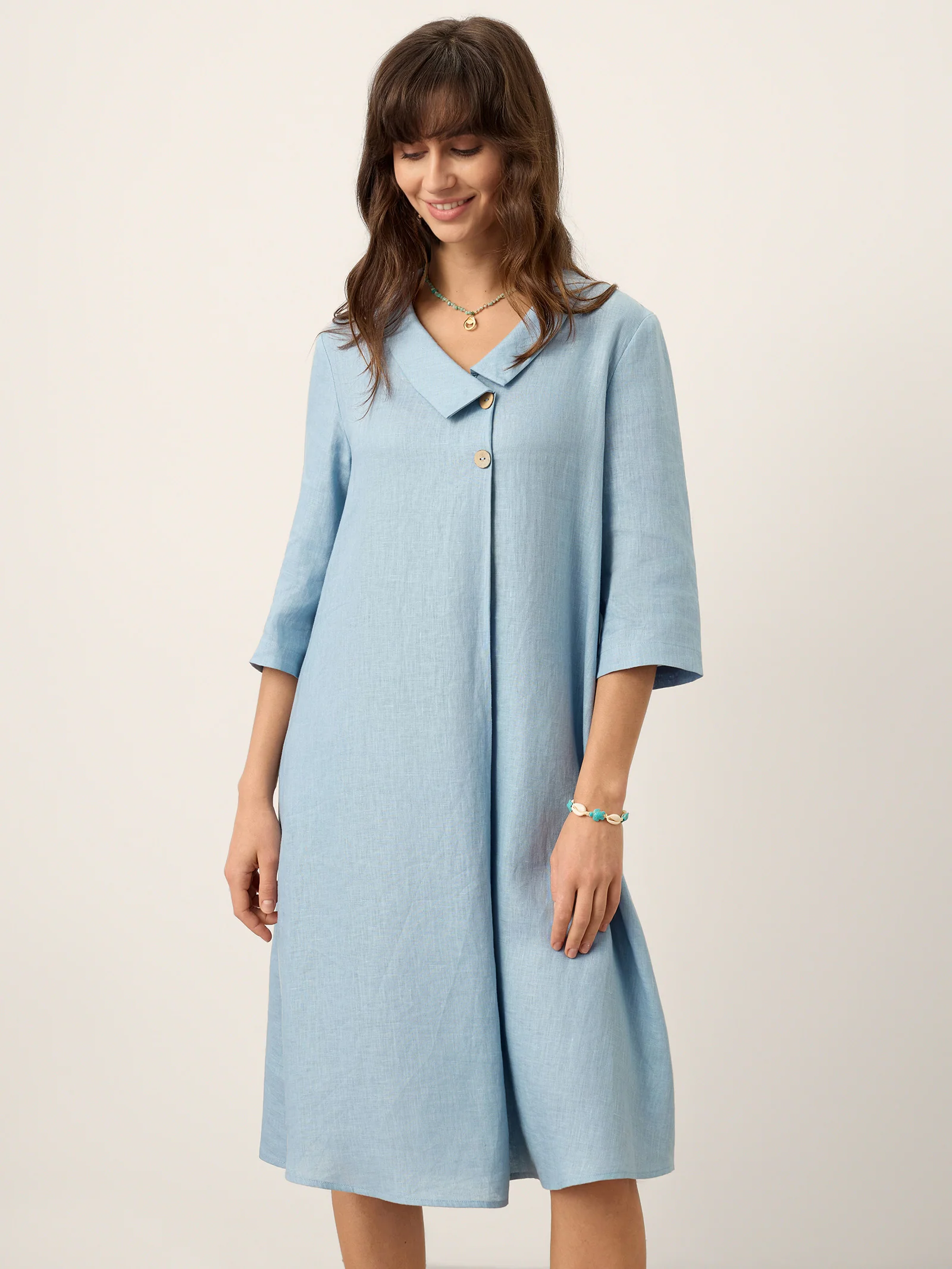 100% Linen Asymmetric Shawl Collar A-Line Midi Dress WINIFRED - Image 6