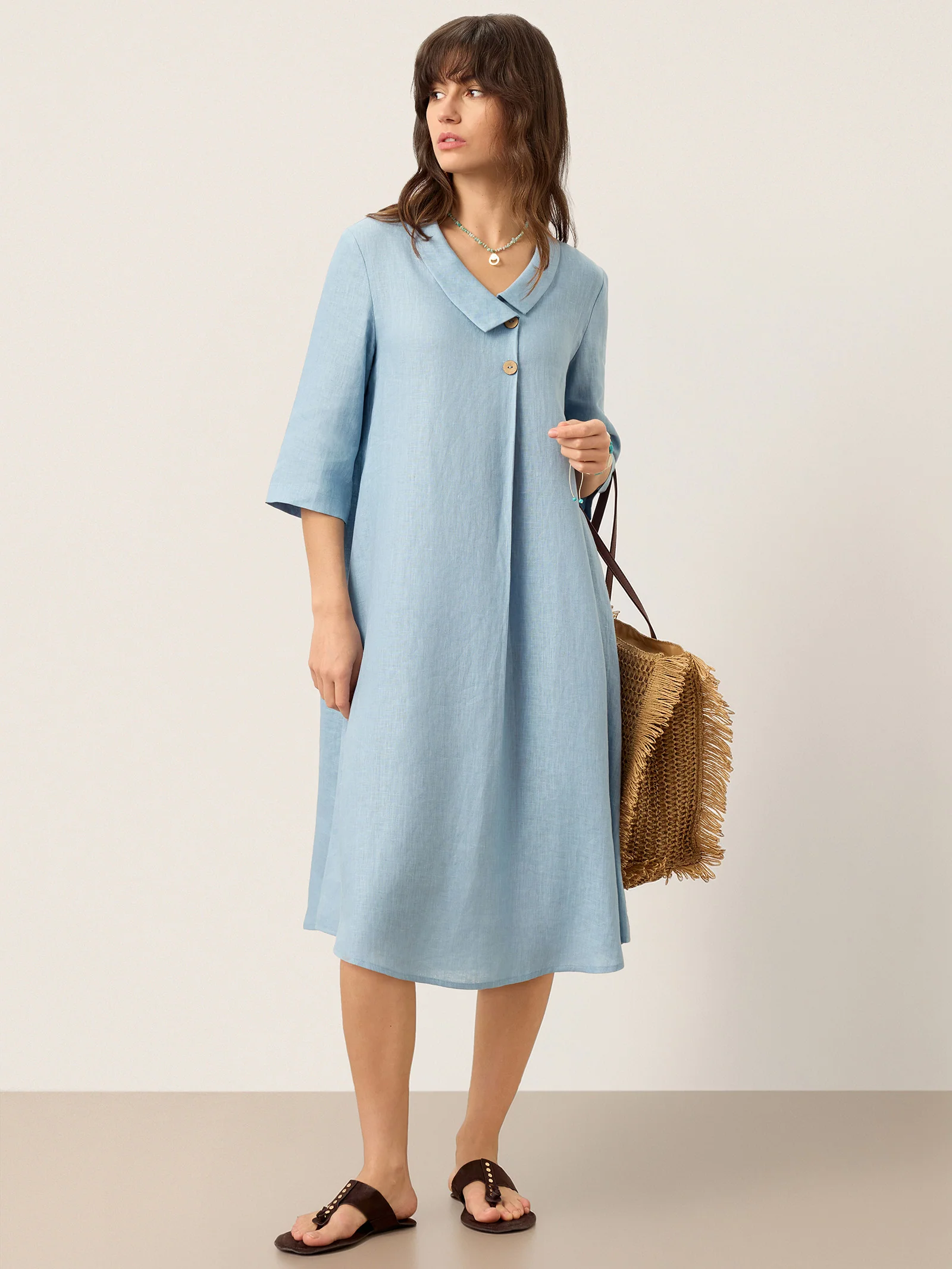 100% Linen Asymmetric Shawl Collar A-Line Midi Dress WINIFRED - Image 9