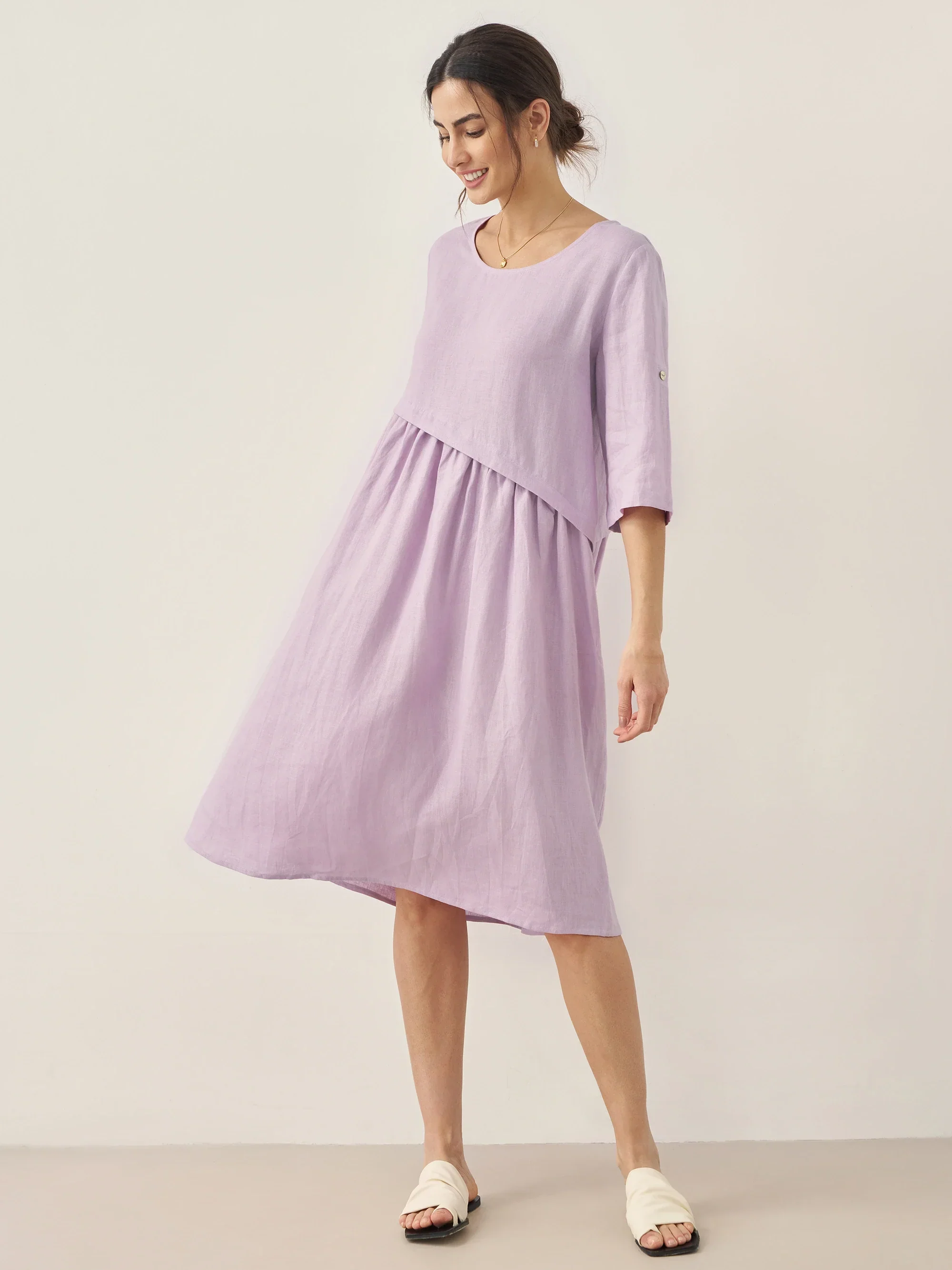 100% Linen Asymmetrical Pleated Round Neck Midi Dress YOLANDA - Image 2