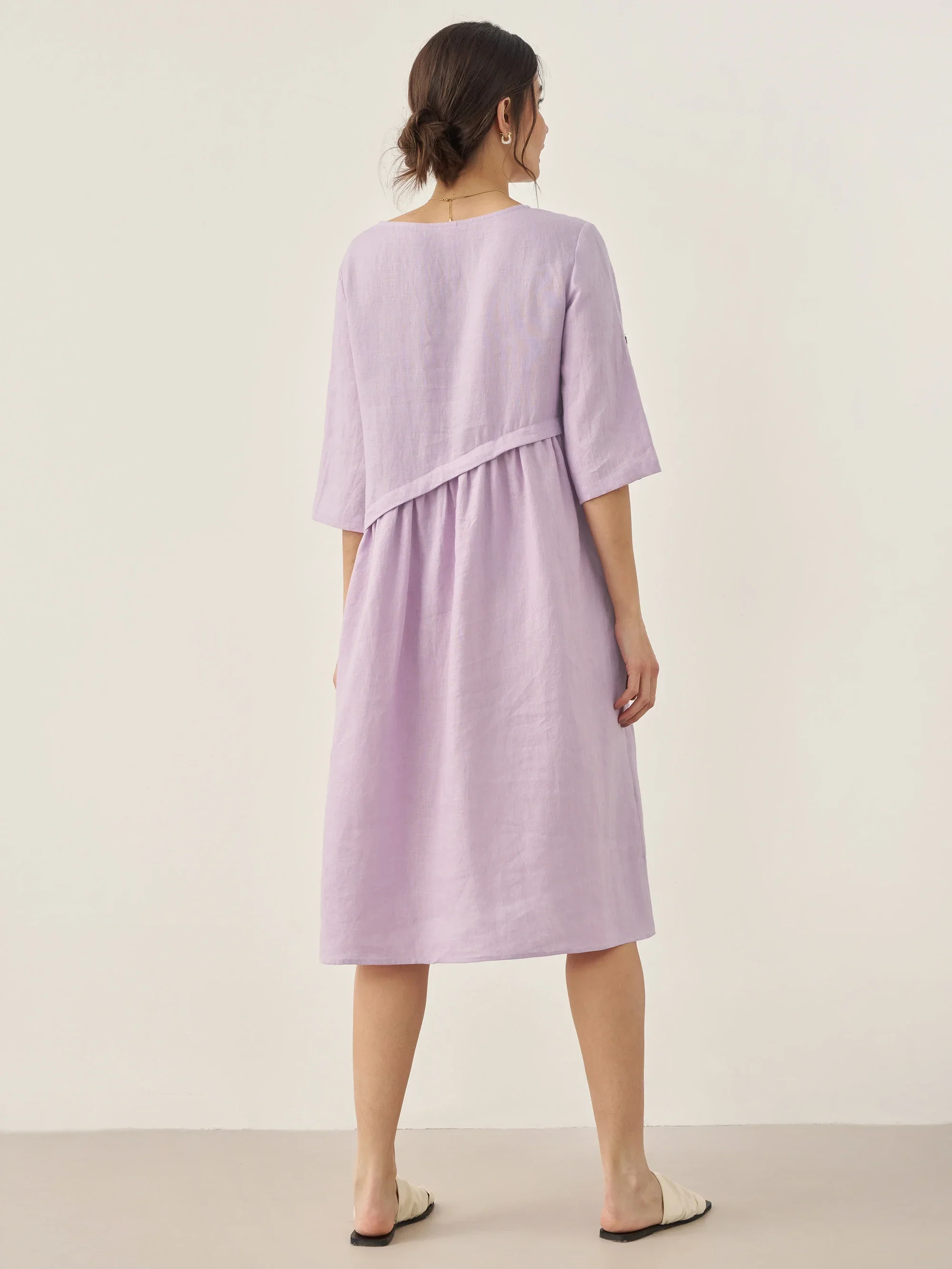 100% Linen Asymmetrical Pleated Round Neck Midi Dress YOLANDA - Image 3