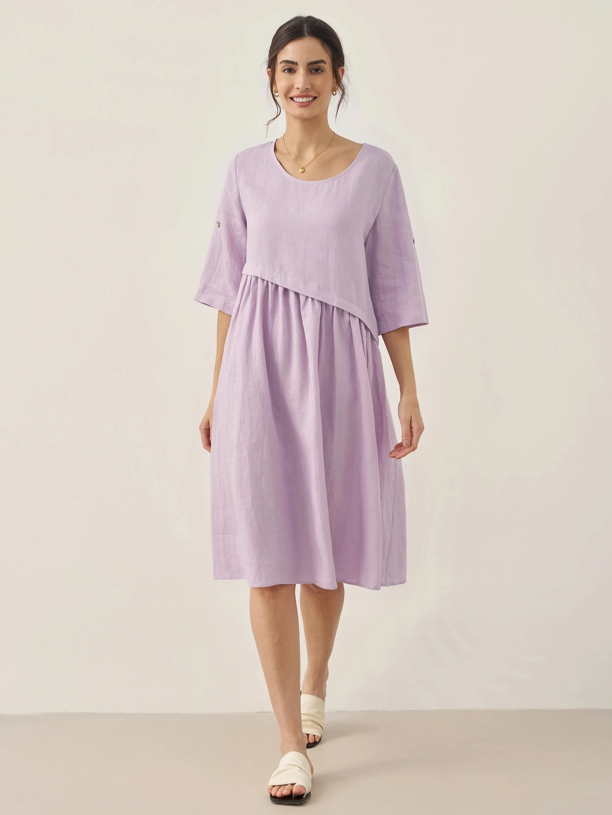 100% Linen Asymmetrical Pleated Round Neck Midi Dress YOLANDA - Image 4
