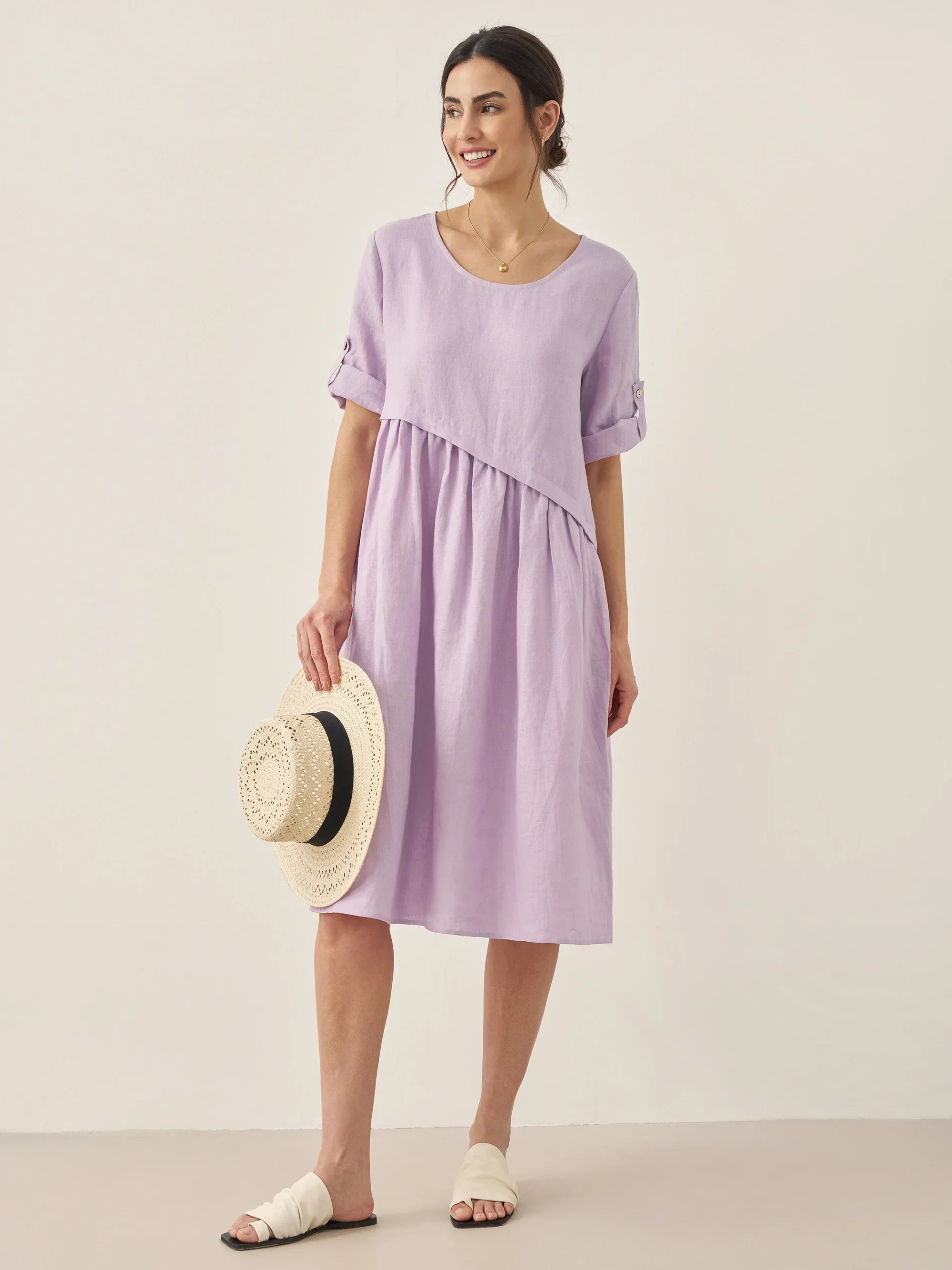 100% Linen Asymmetrical Pleated Round Neck Midi Dress YOLANDA - Image 5