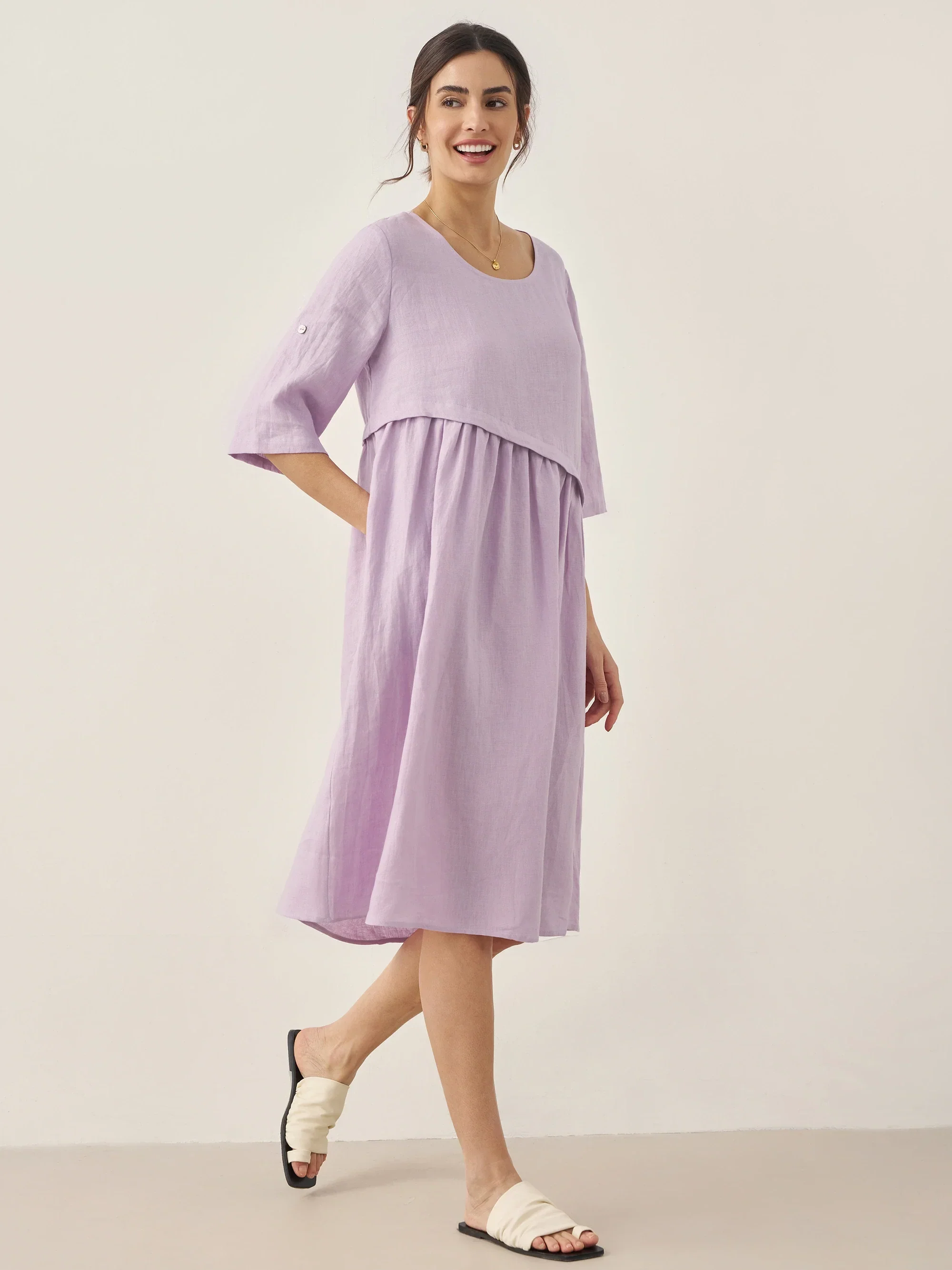 100% Linen Asymmetrical Pleated Round Neck Midi Dress YOLANDA - Image 6