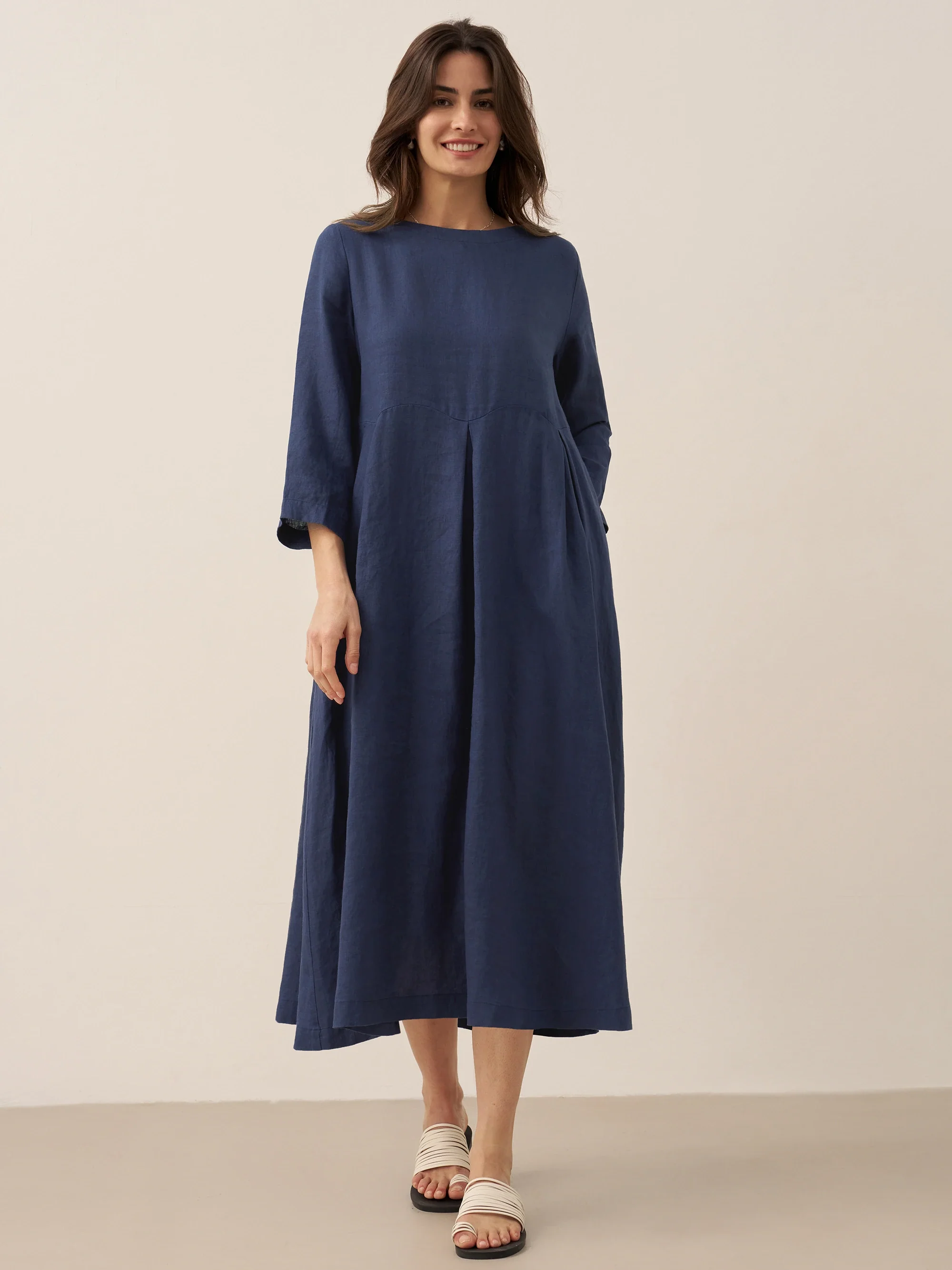 100% Linen Bateau Neck Pleated Maxi Dress ABIGAIL - Image 22