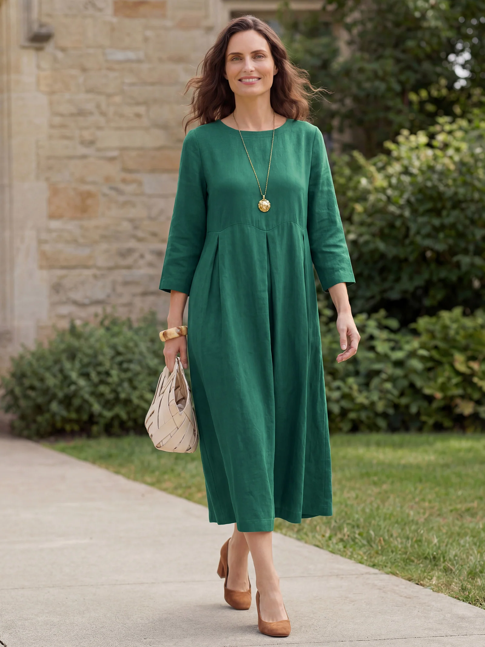 100% Linen Bateau Neck Pleated Maxi Dress ABIGAIL - Image 2
