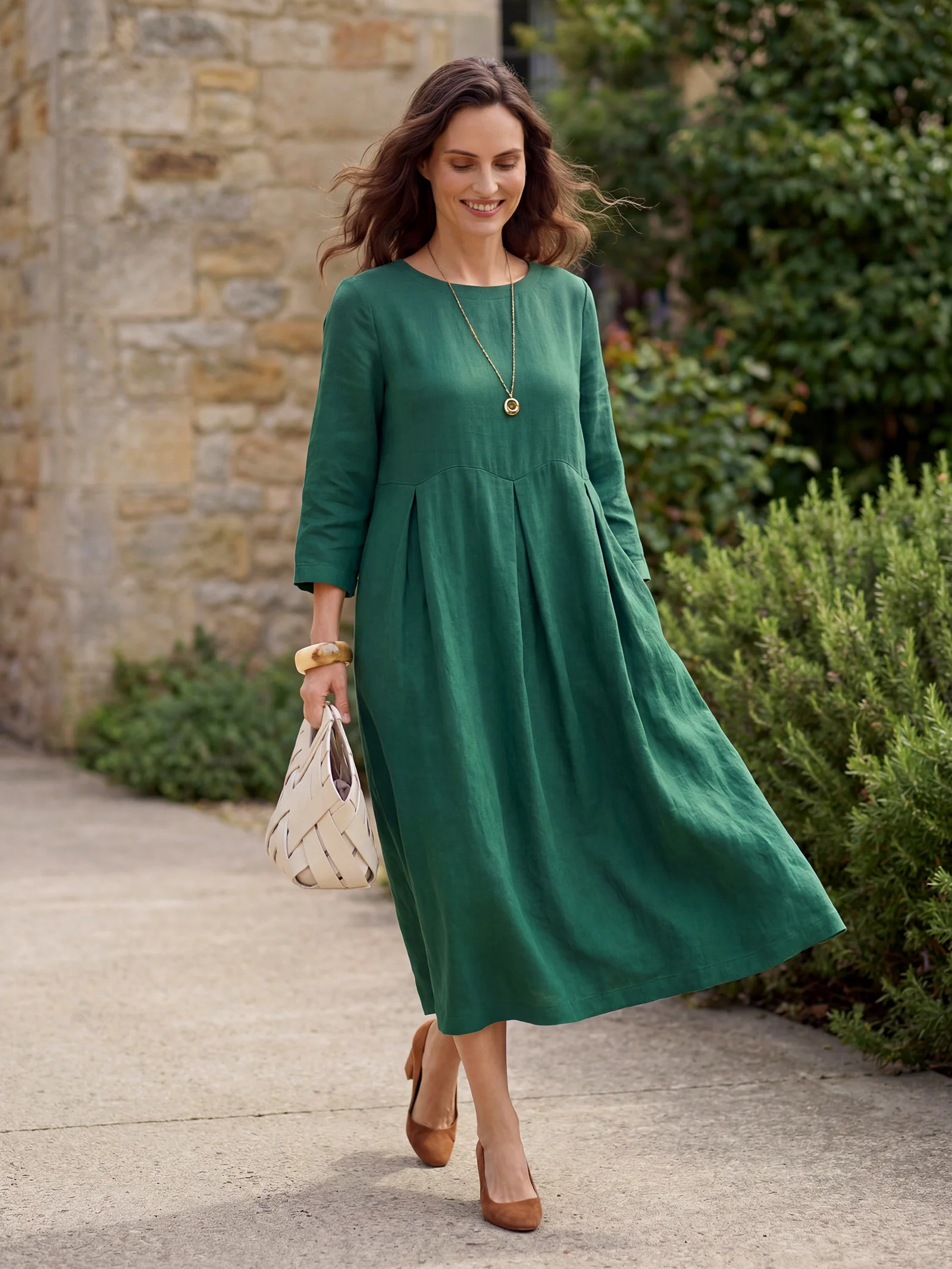 100% Linen Bateau Neck Pleated Maxi Dress ABIGAIL - Image 3