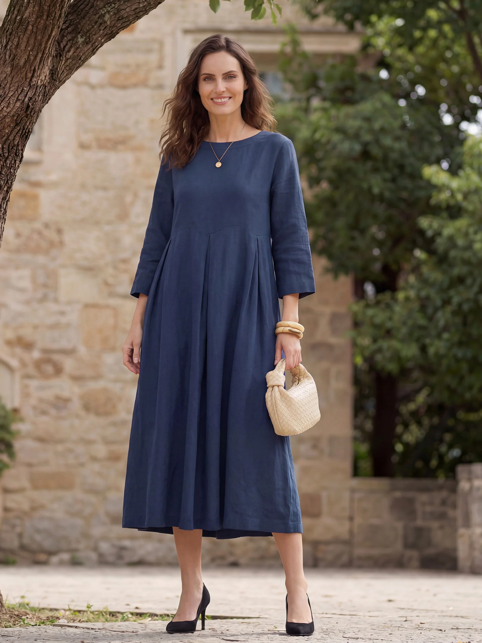 100% Linen Bateau Neck Pleated Maxi Dress ABIGAIL - Image 23