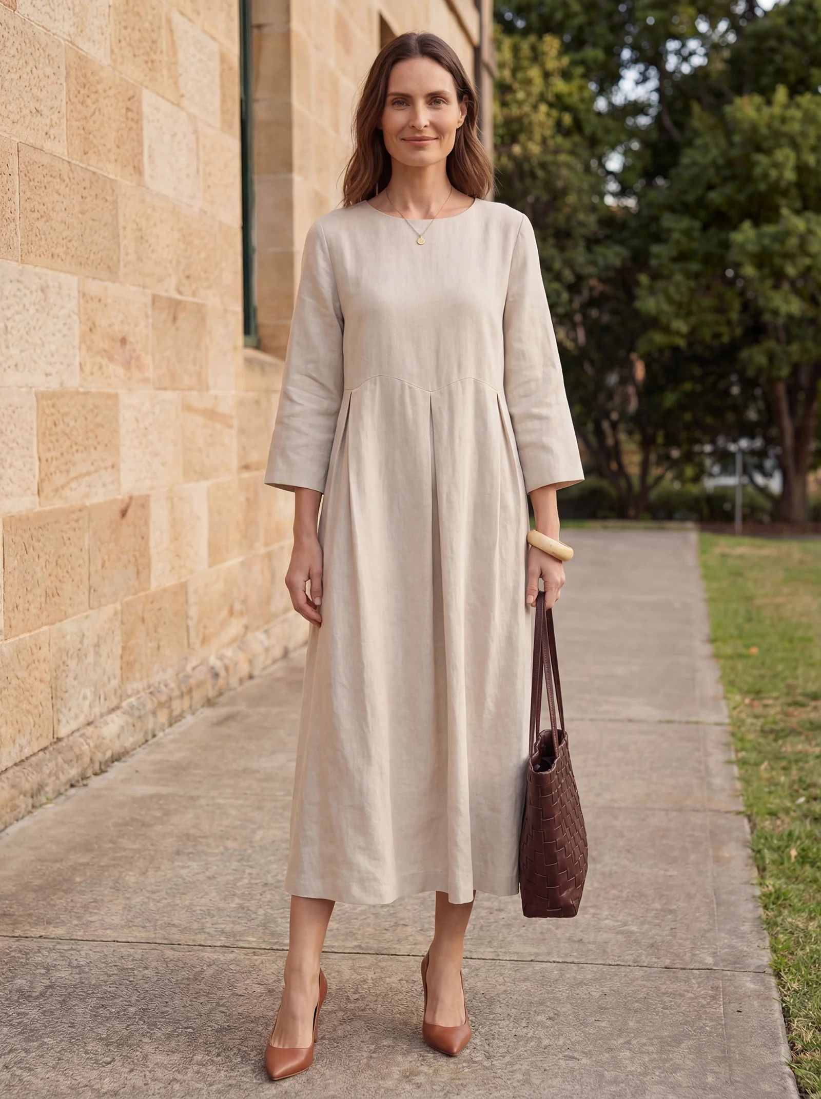100% Linen Bateau Neck Pleated Maxi Dress ABIGAIL - Image 13
