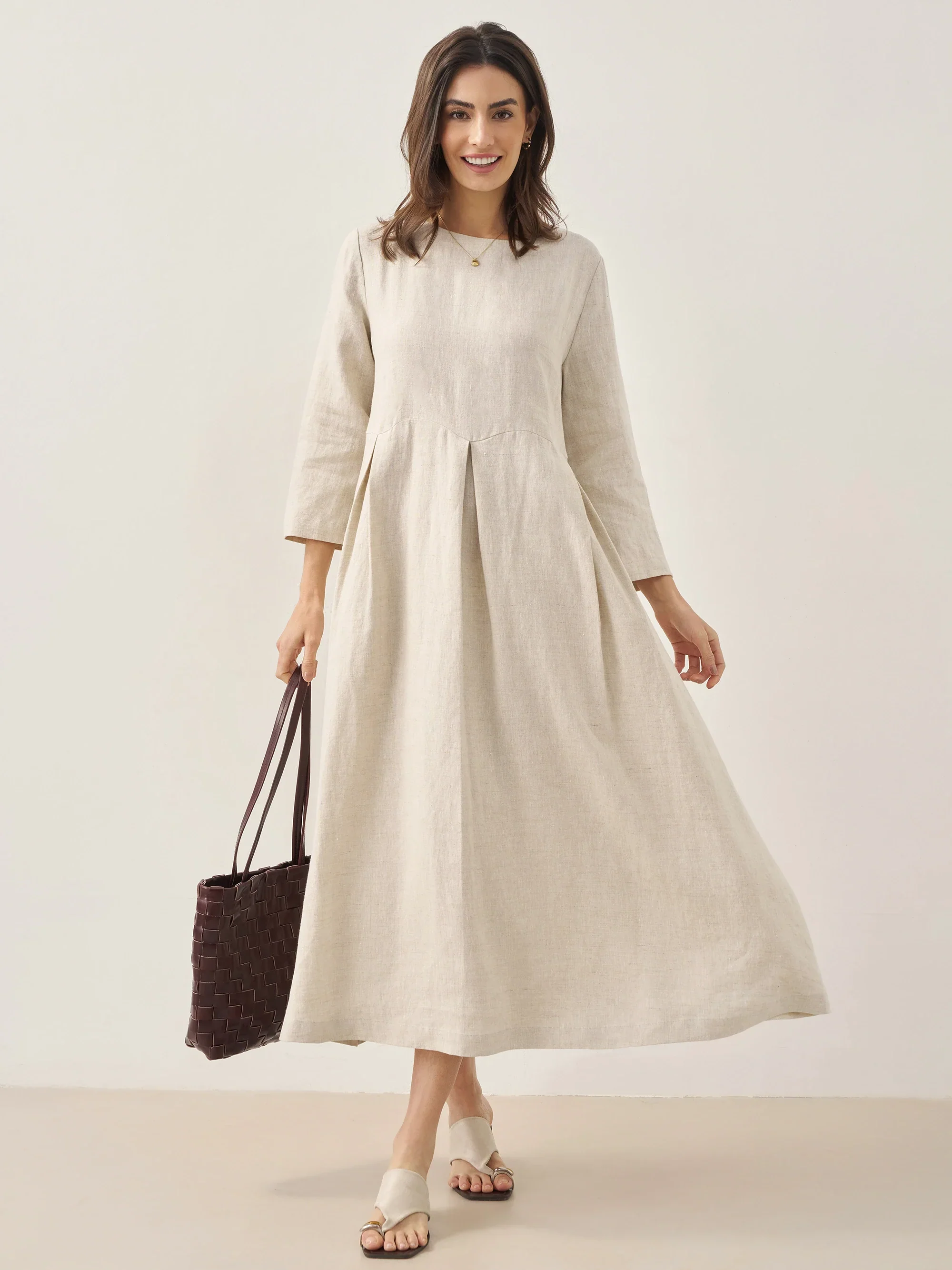 100% Linen Bateau Neck Pleated Maxi Dress ABIGAIL - Image 16