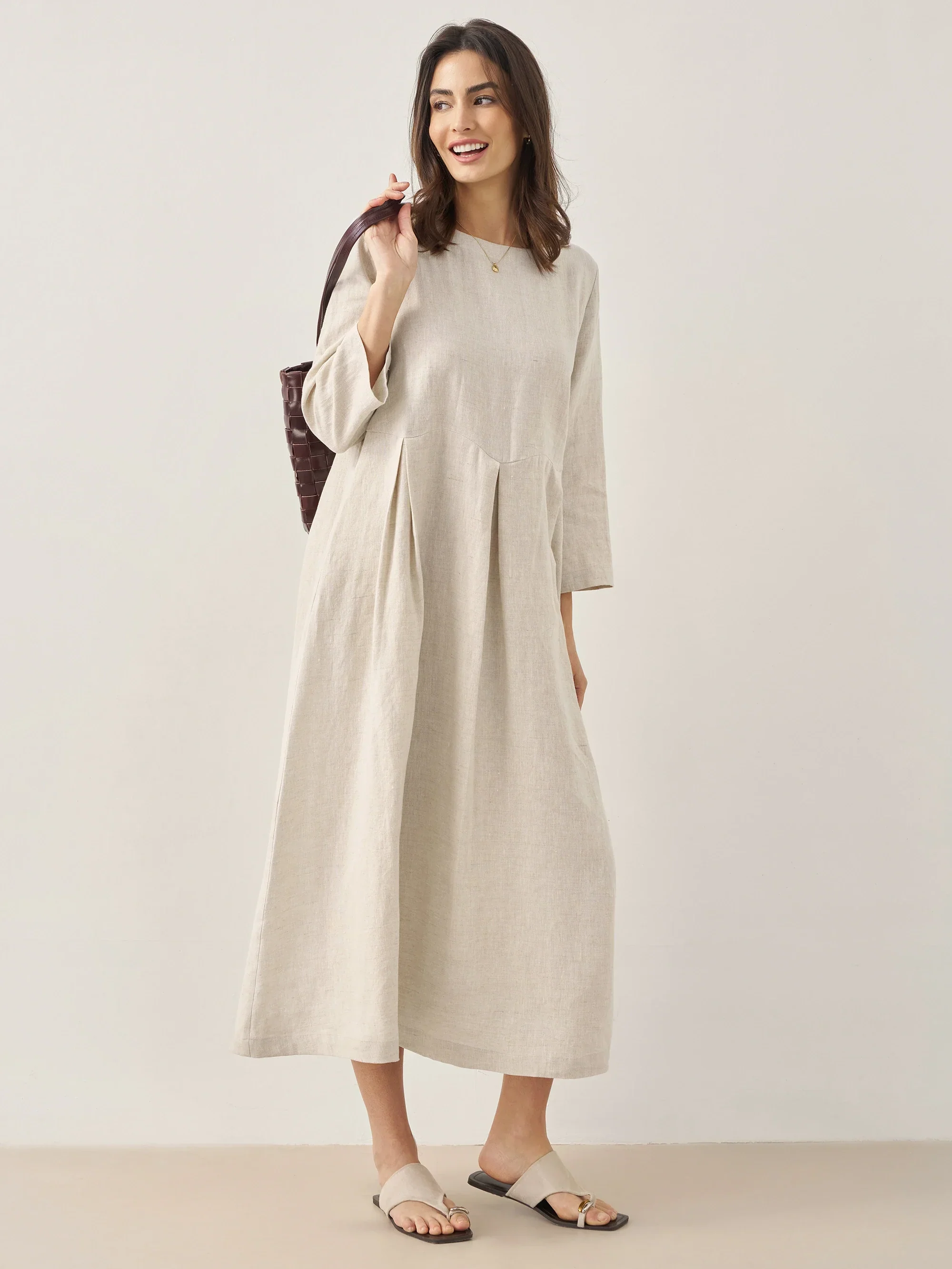 100% Linen Bateau Neck Pleated Maxi Dress ABIGAIL - Image 17