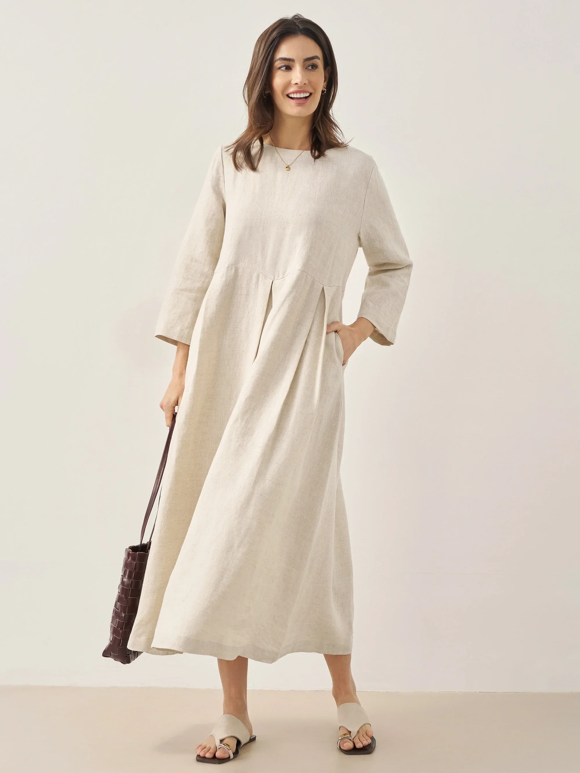 100% Linen Bateau Neck Pleated Maxi Dress ABIGAIL - Image 18