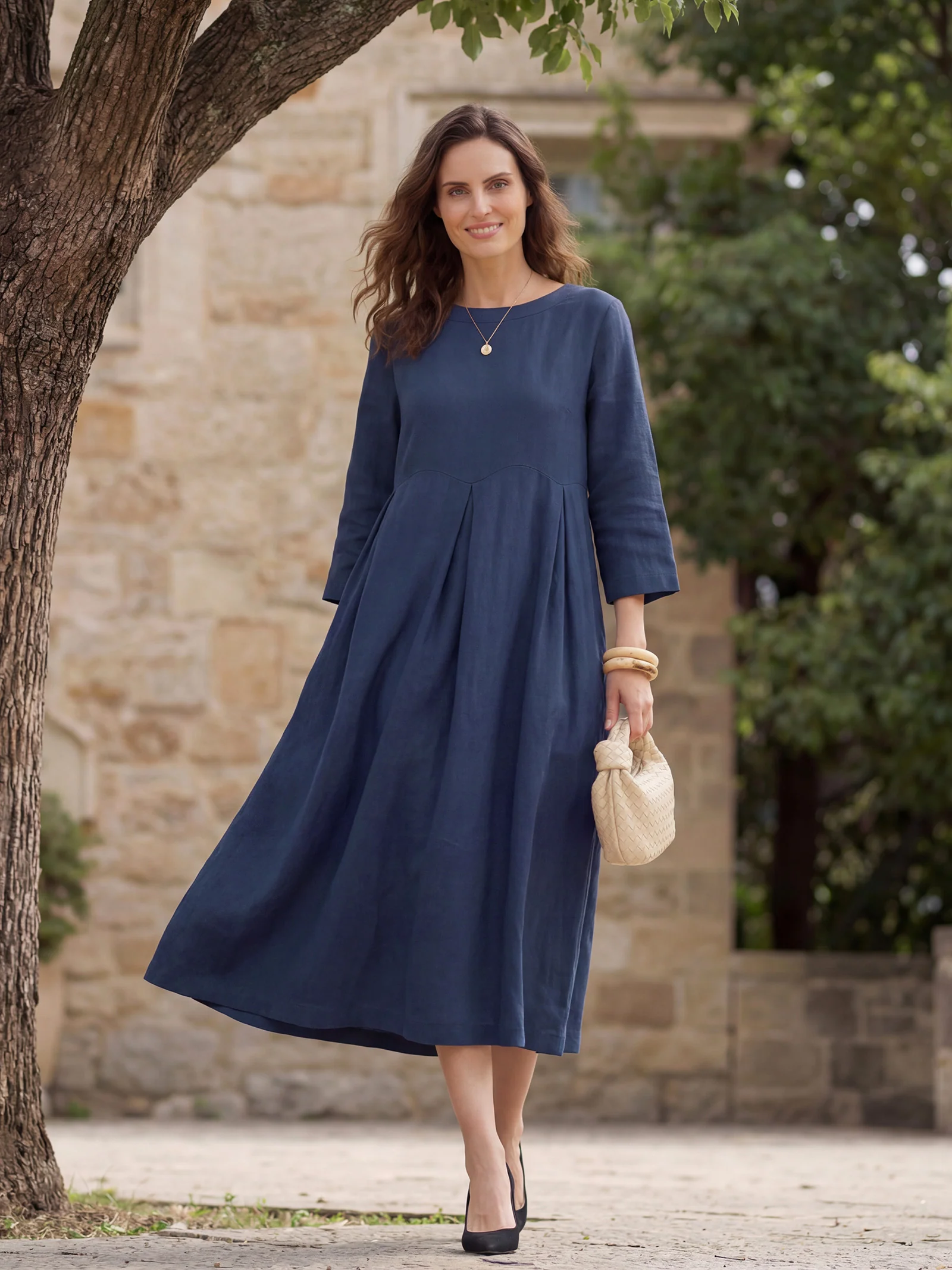 100% Linen Bateau Neck Pleated Maxi Dress ABIGAIL - Image 24