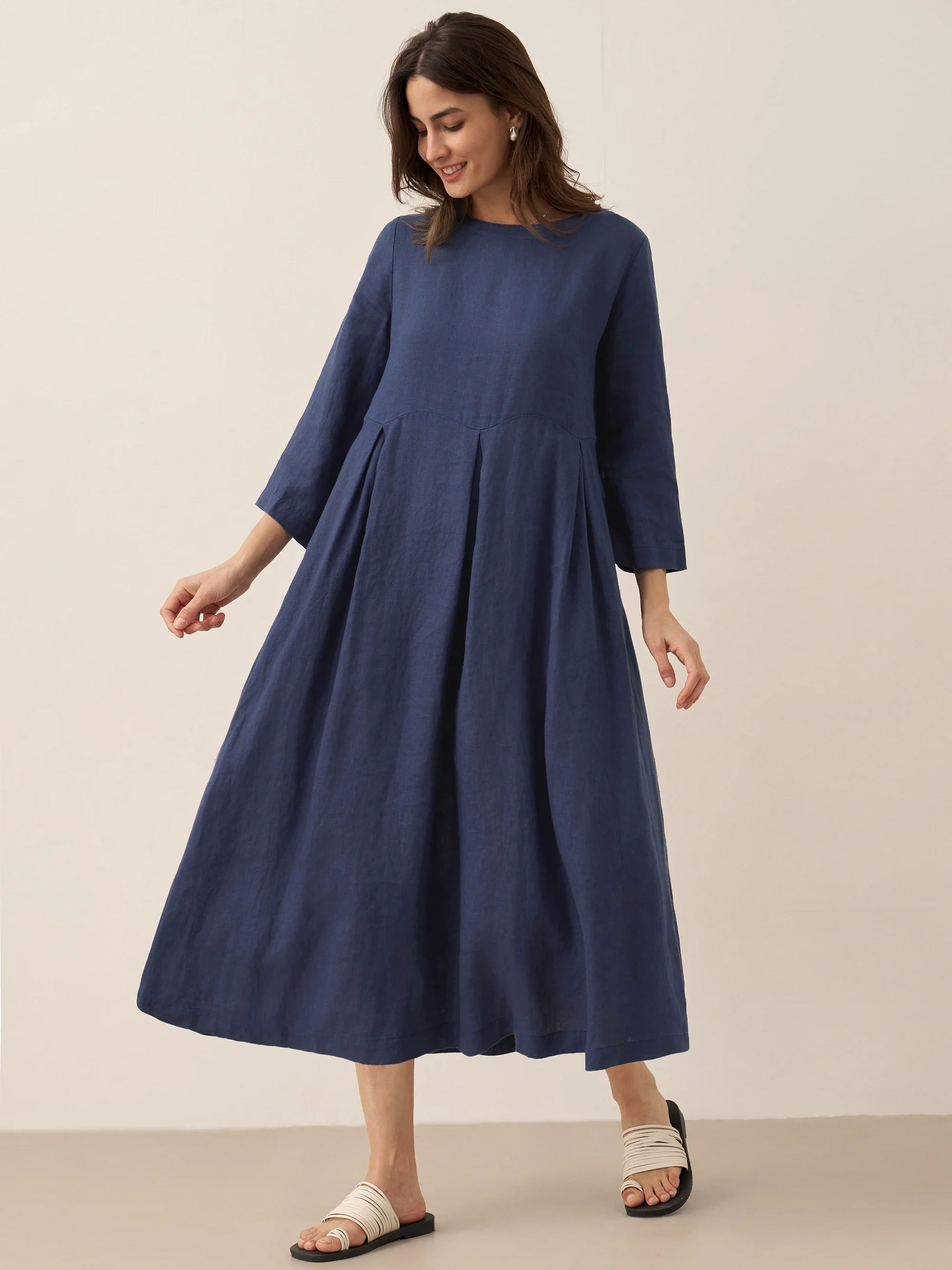 100% Linen Bateau Neck Pleated Maxi Dress ABIGAIL - Image 25