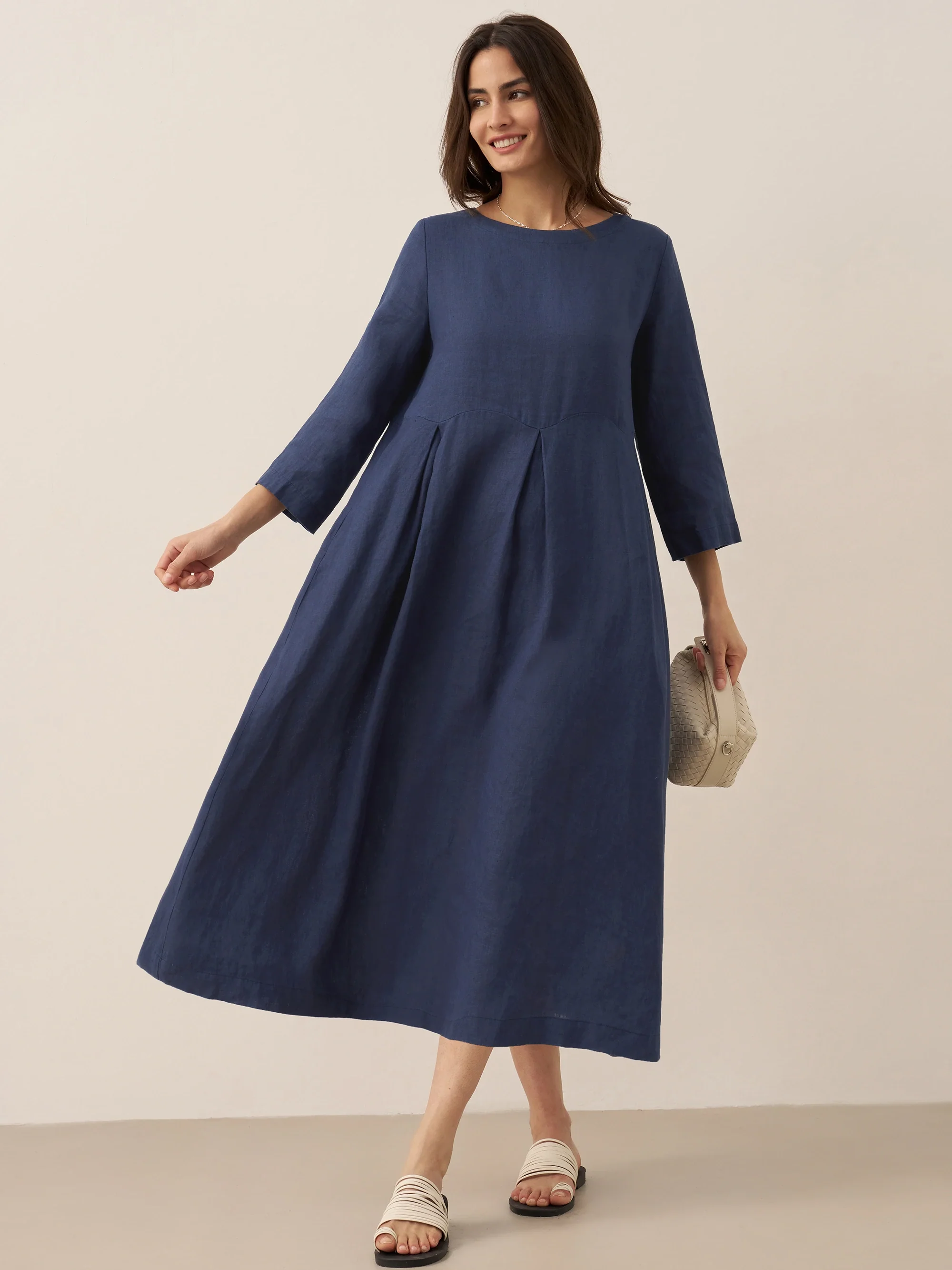 100% Linen Bateau Neck Pleated Maxi Dress ABIGAIL - Image 26