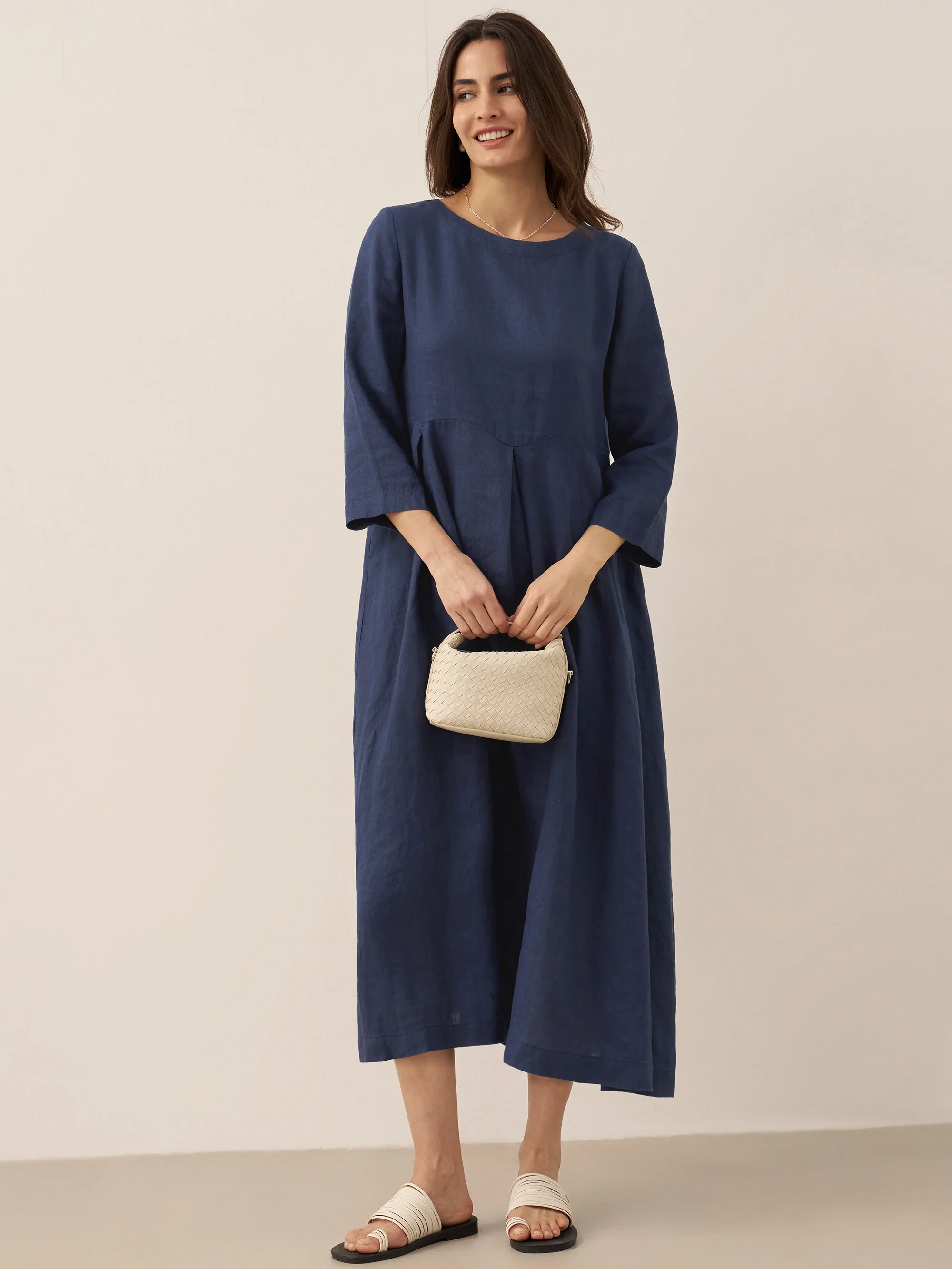 100% Linen Bateau Neck Pleated Maxi Dress ABIGAIL - Image 27