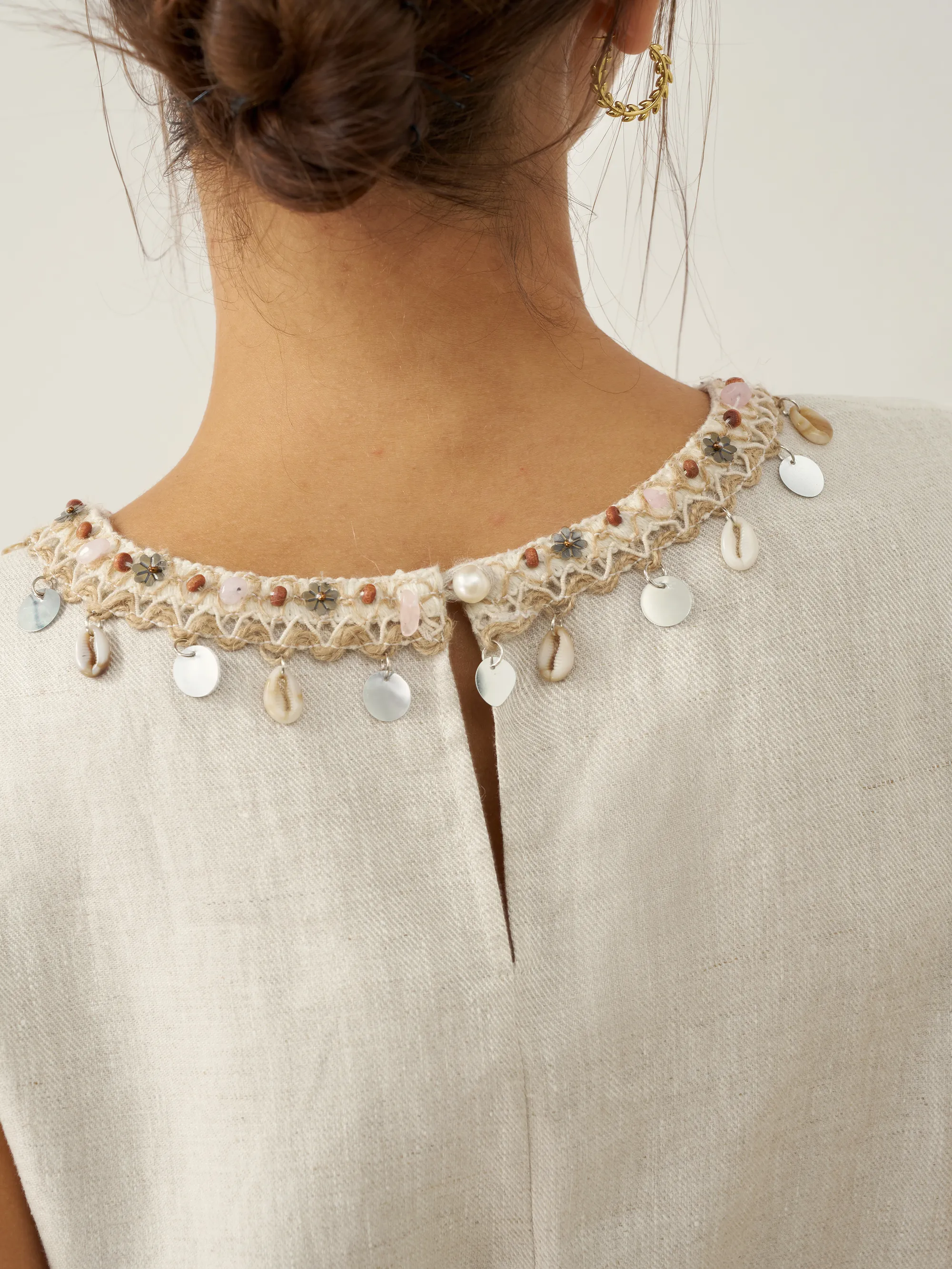 100% Linen Beaded Crew Neck Maxi Dress with Belt BELLA - Image 10