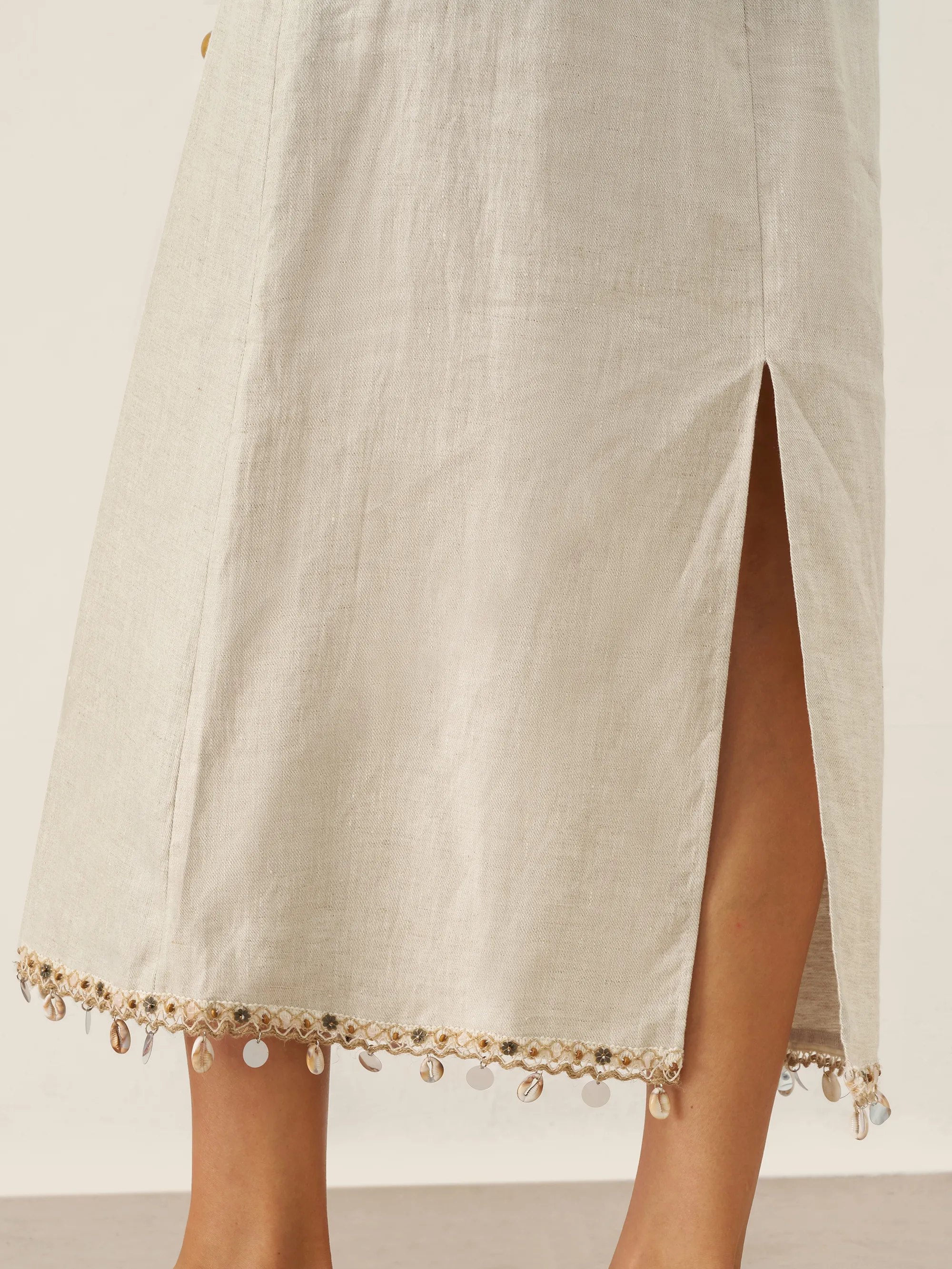 100% Linen Beaded Crew Neck Maxi Dress with Belt BELLA - Image 11