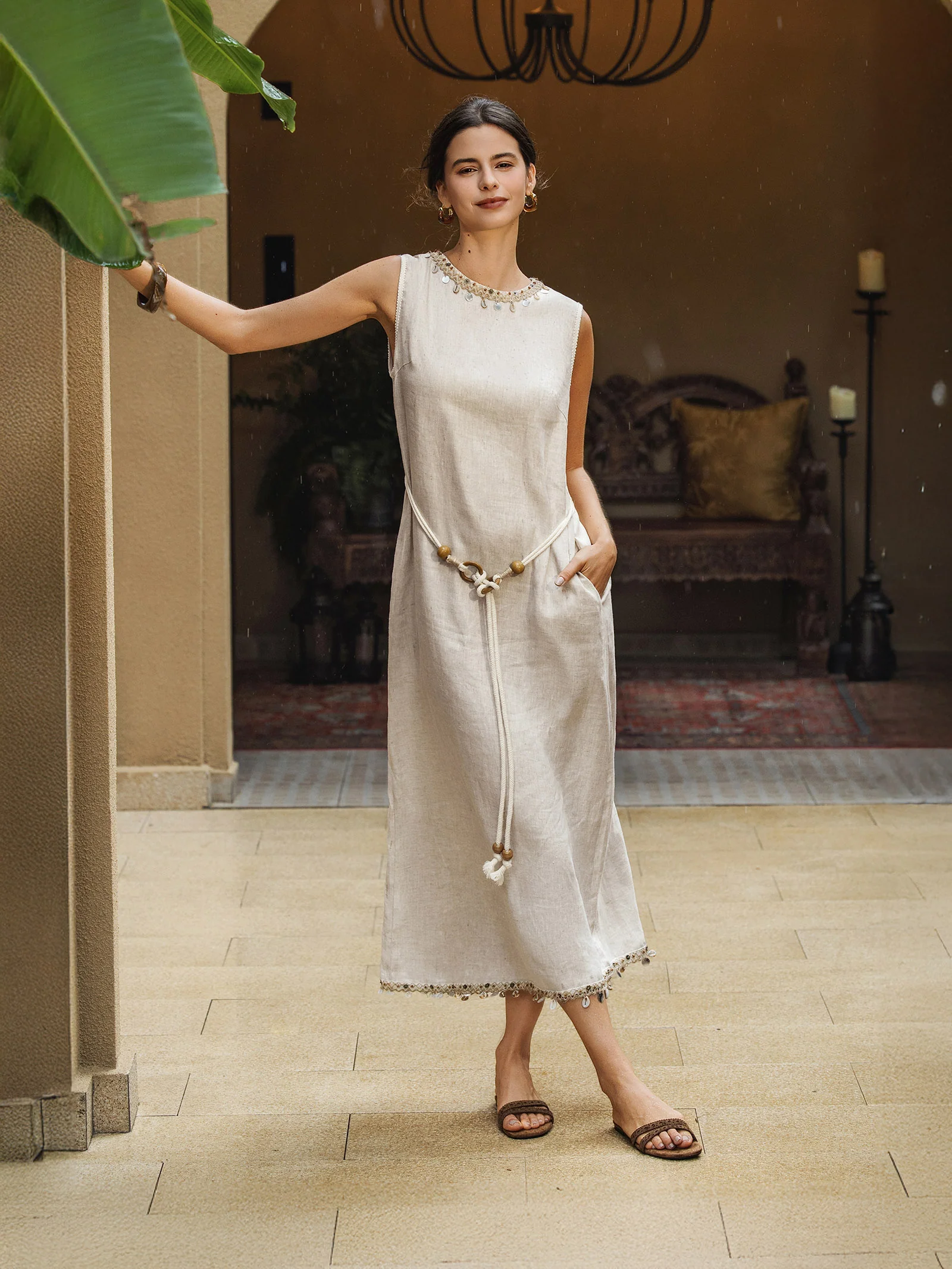 100% Linen Beaded Crew Neck Maxi Dress with Belt BELLA - Image 2