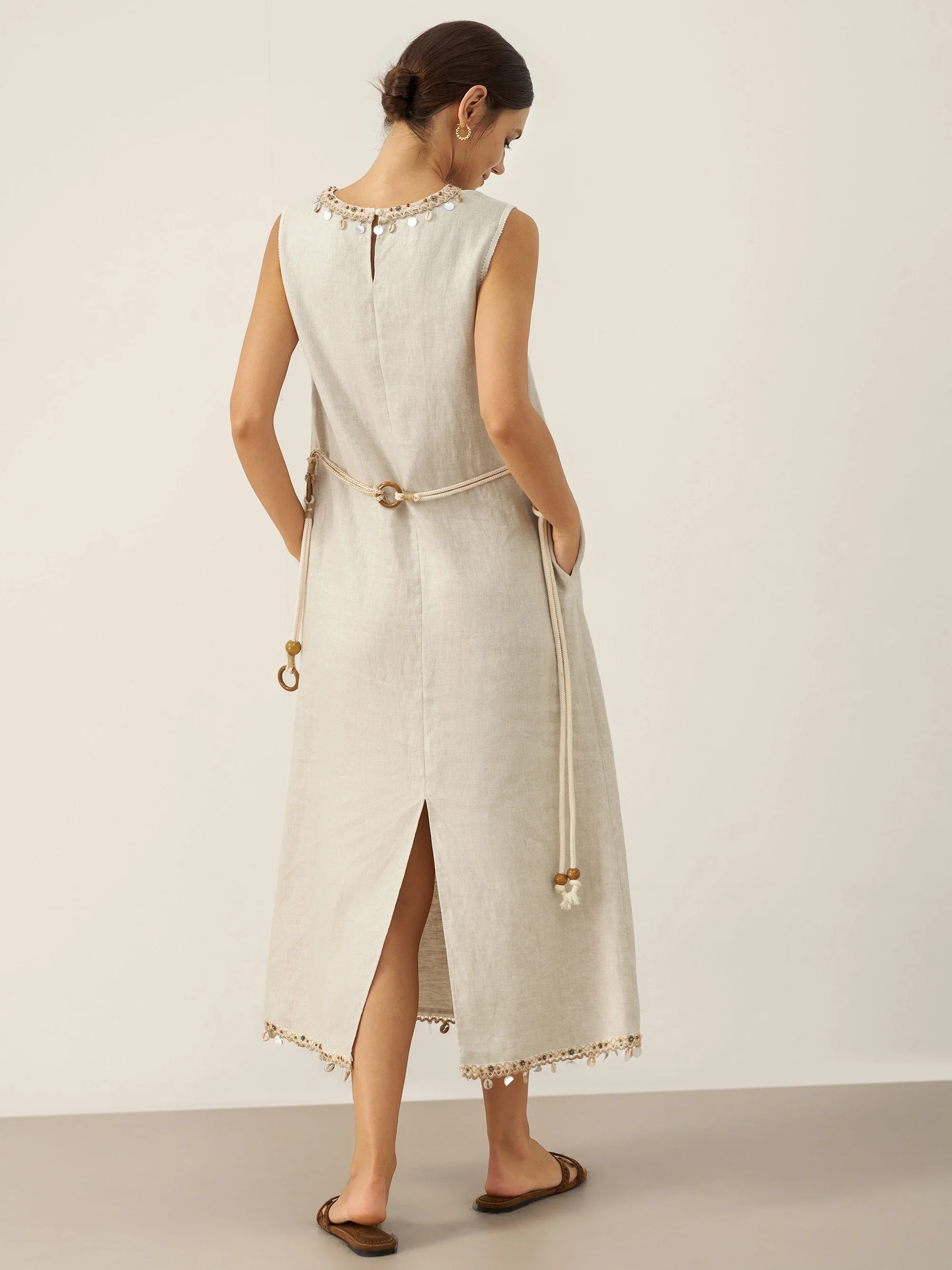 100% Linen Beaded Crew Neck Maxi Dress with Belt BELLA - Image 4