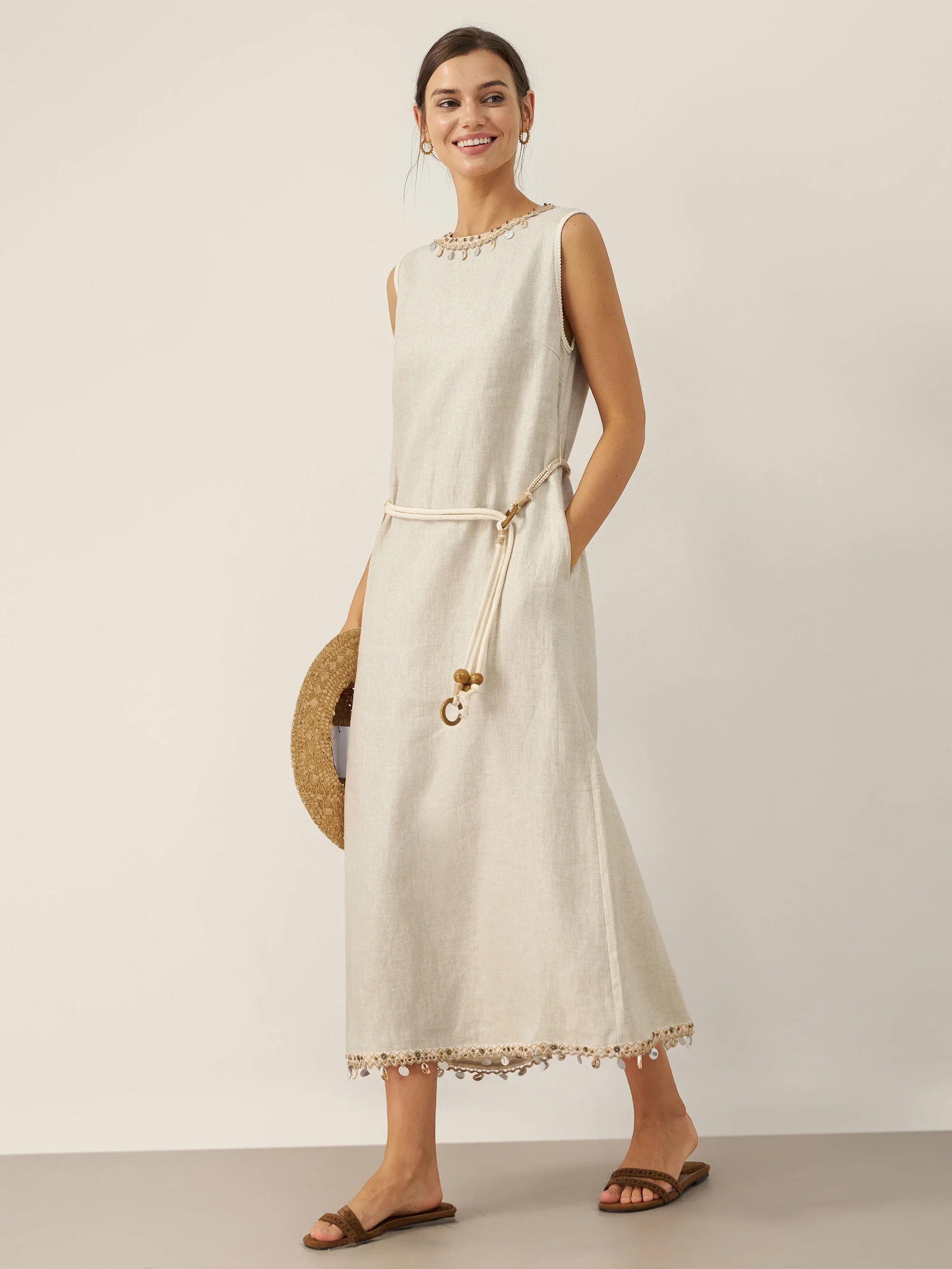 100% Linen Beaded Crew Neck Maxi Dress with Belt BELLA - Image 7