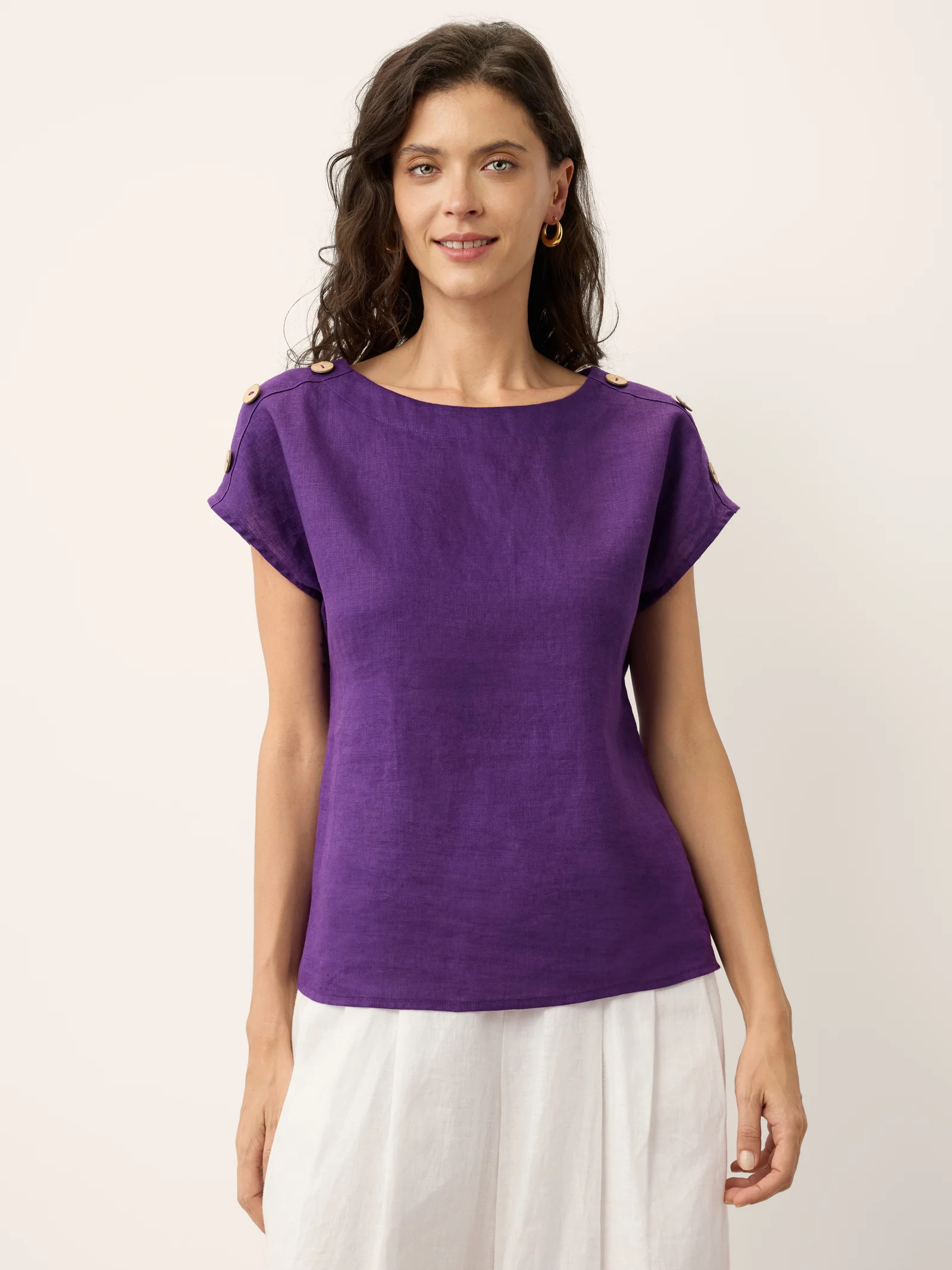 100% Linen Round Neck Button Detail Top ISABELLE