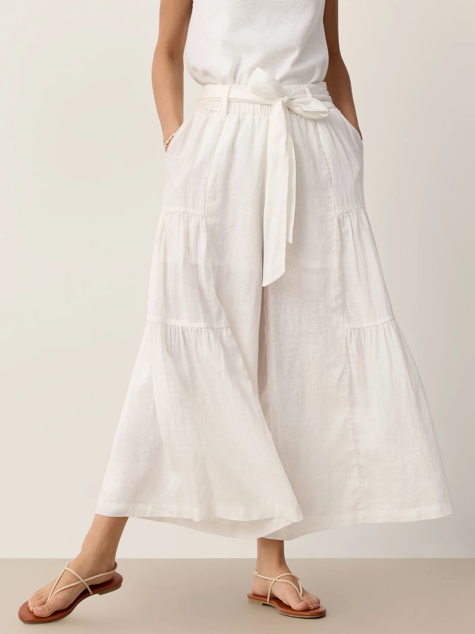 100% Linen Bow-Waist Tiered Pants TARYN