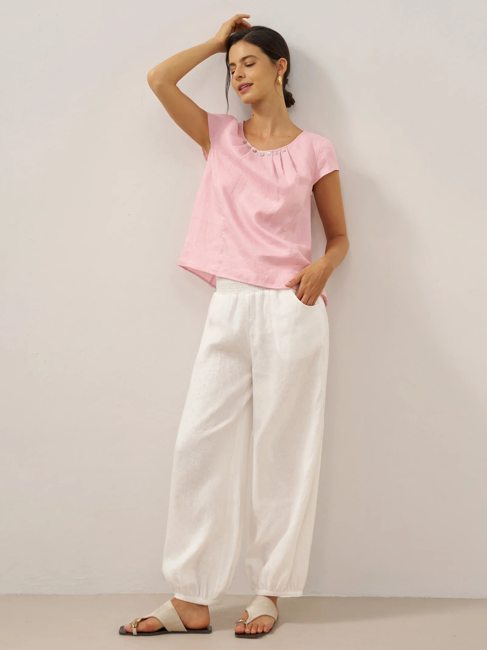 100% Linen Broad Elastic Waistband Pants TALIA - Image 25