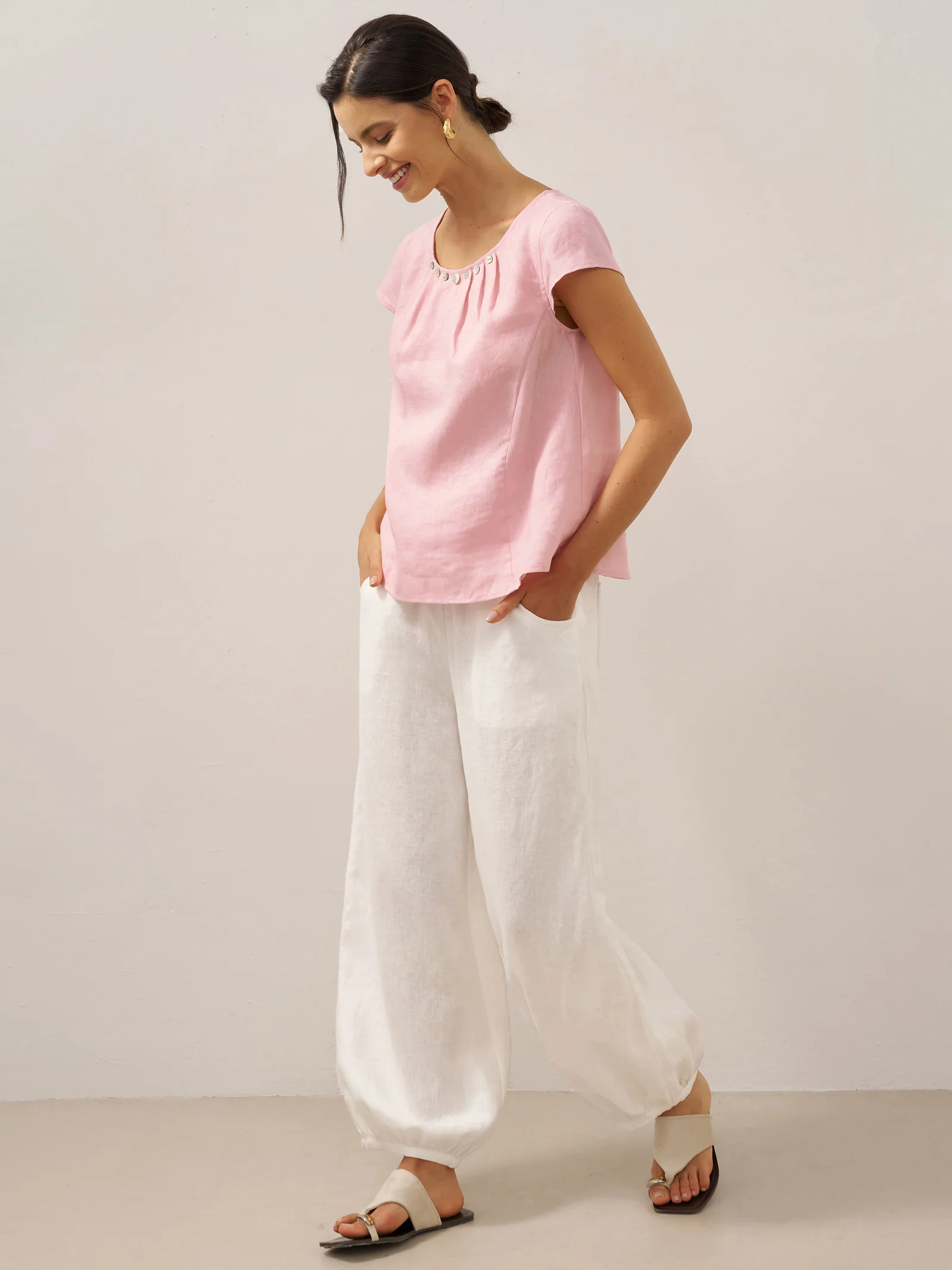 100% Linen Broad Elastic Waistband Pants TALIA - Image 27