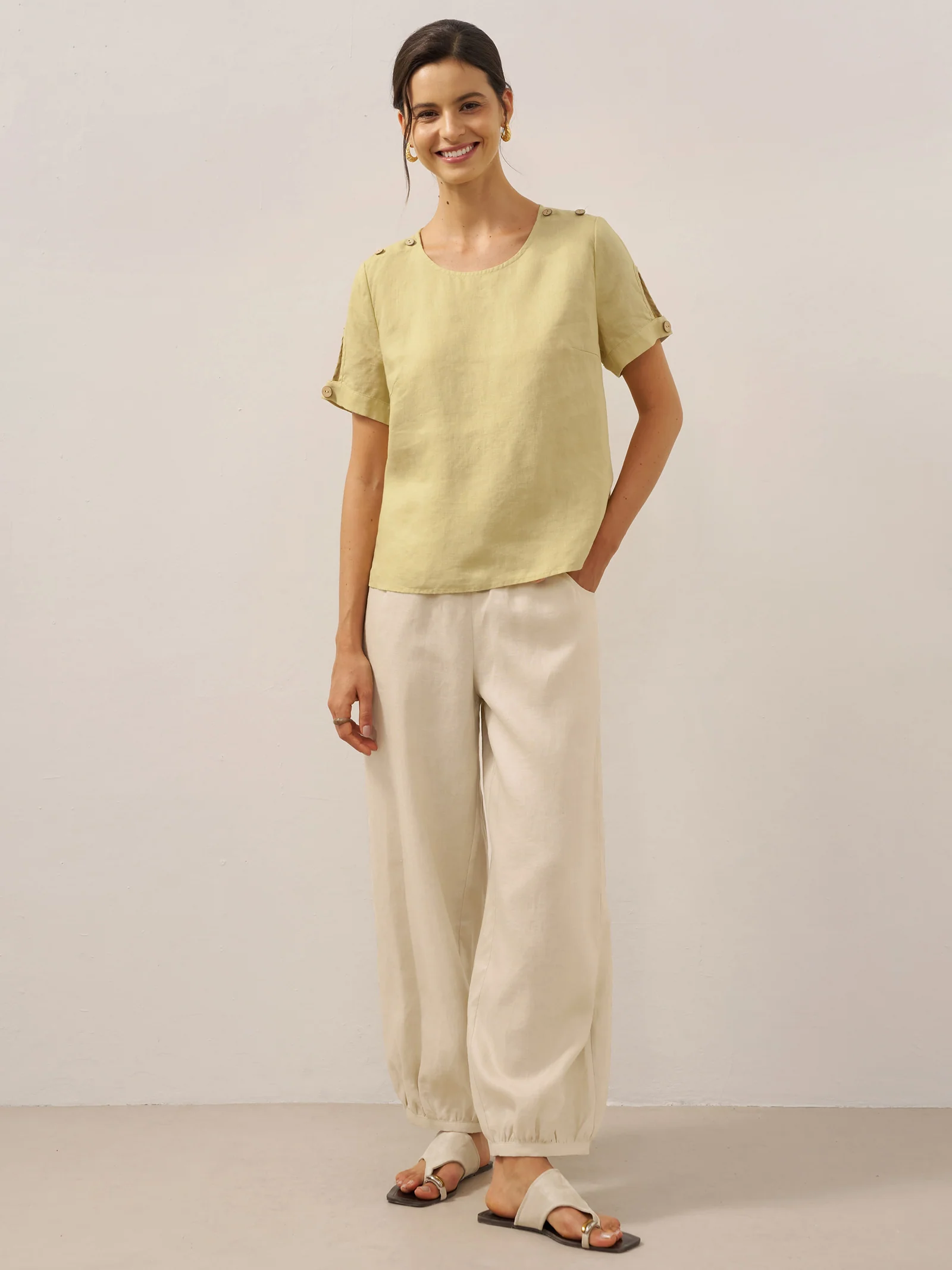 100% Linen Broad Elastic Waistband Pants TALIA - Image 18