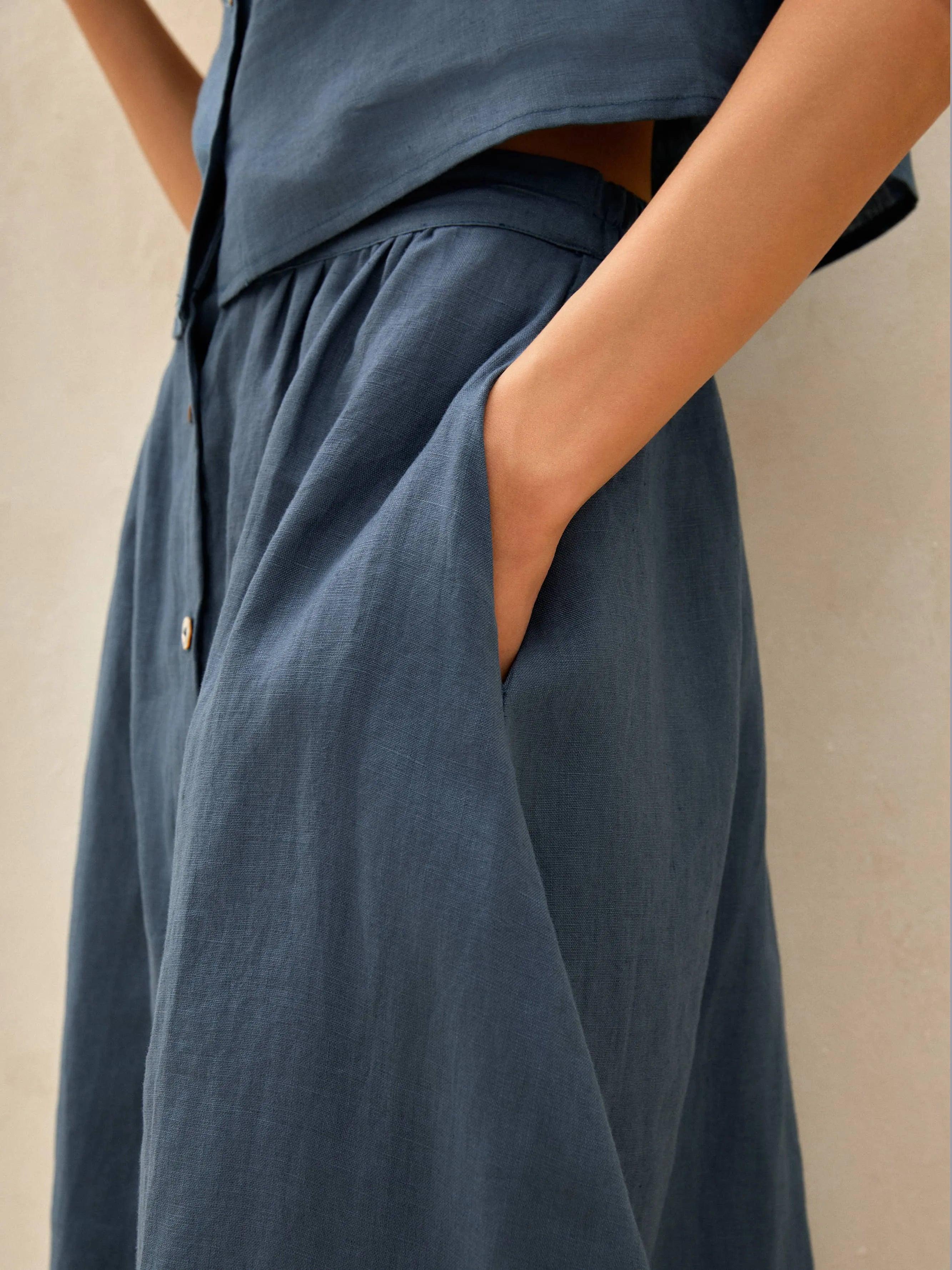 100% Linen Button Decorate Vest Naxi Skirts Set LUCIA - Image 5