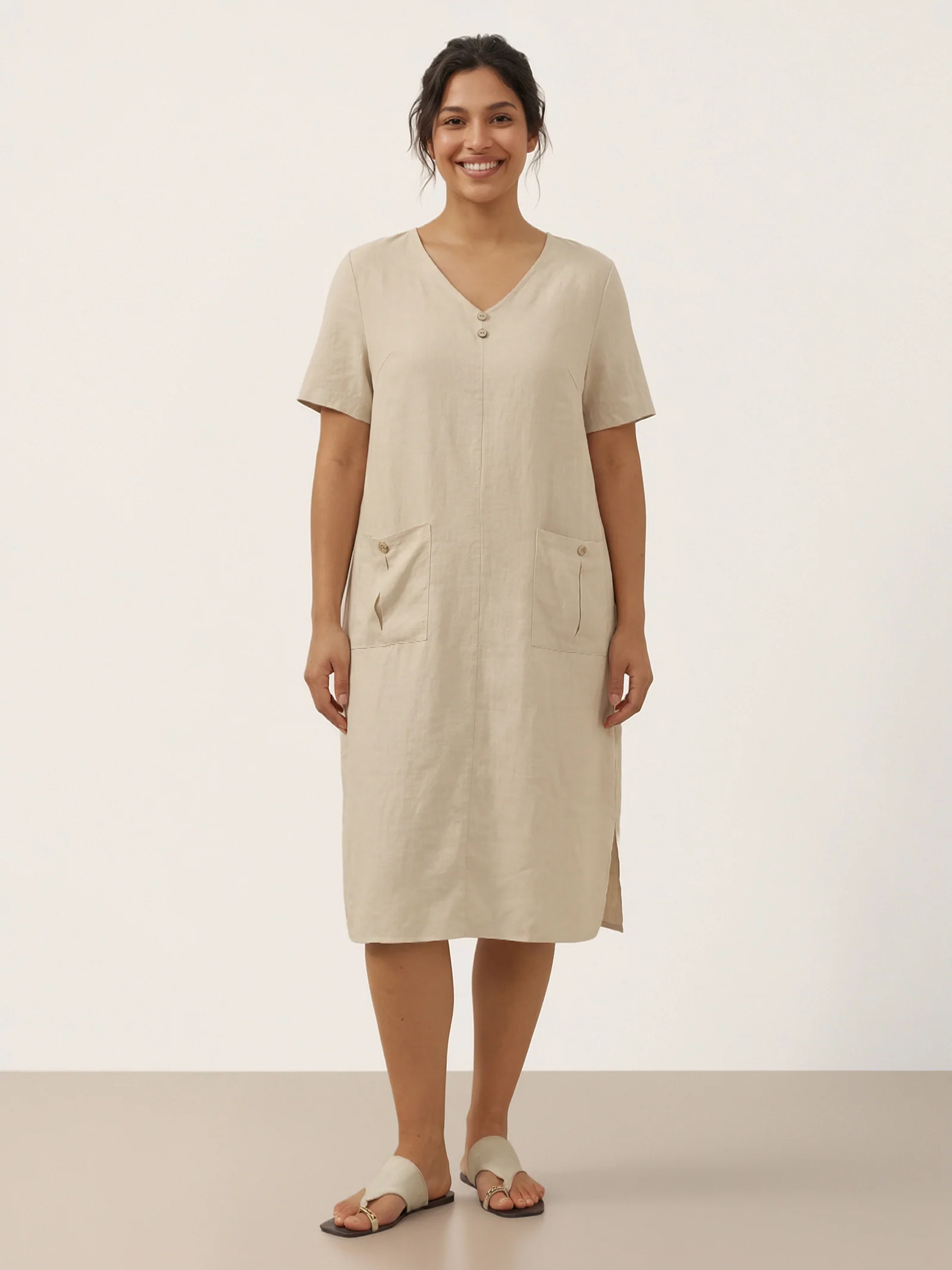 100% Linen Button Front V-Neck Midi Dress NOA