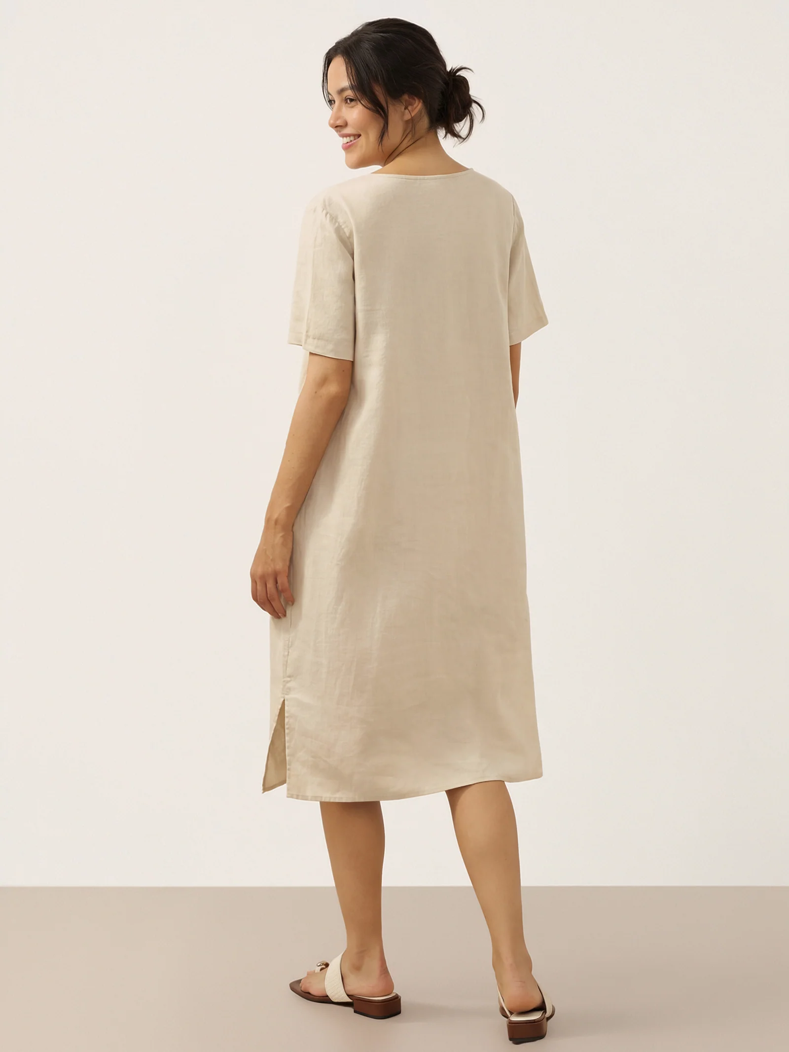 100% Linen Button Front V-Neck Midi Dress NOA - Image 2