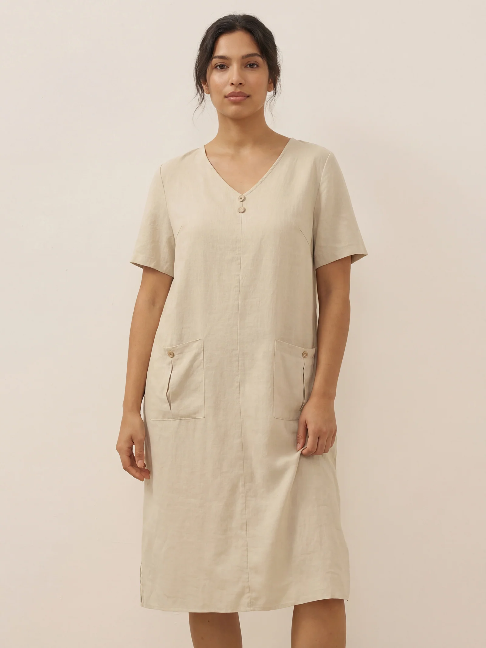 100% Linen Button Front V-Neck Midi Dress NOA - Image 3
