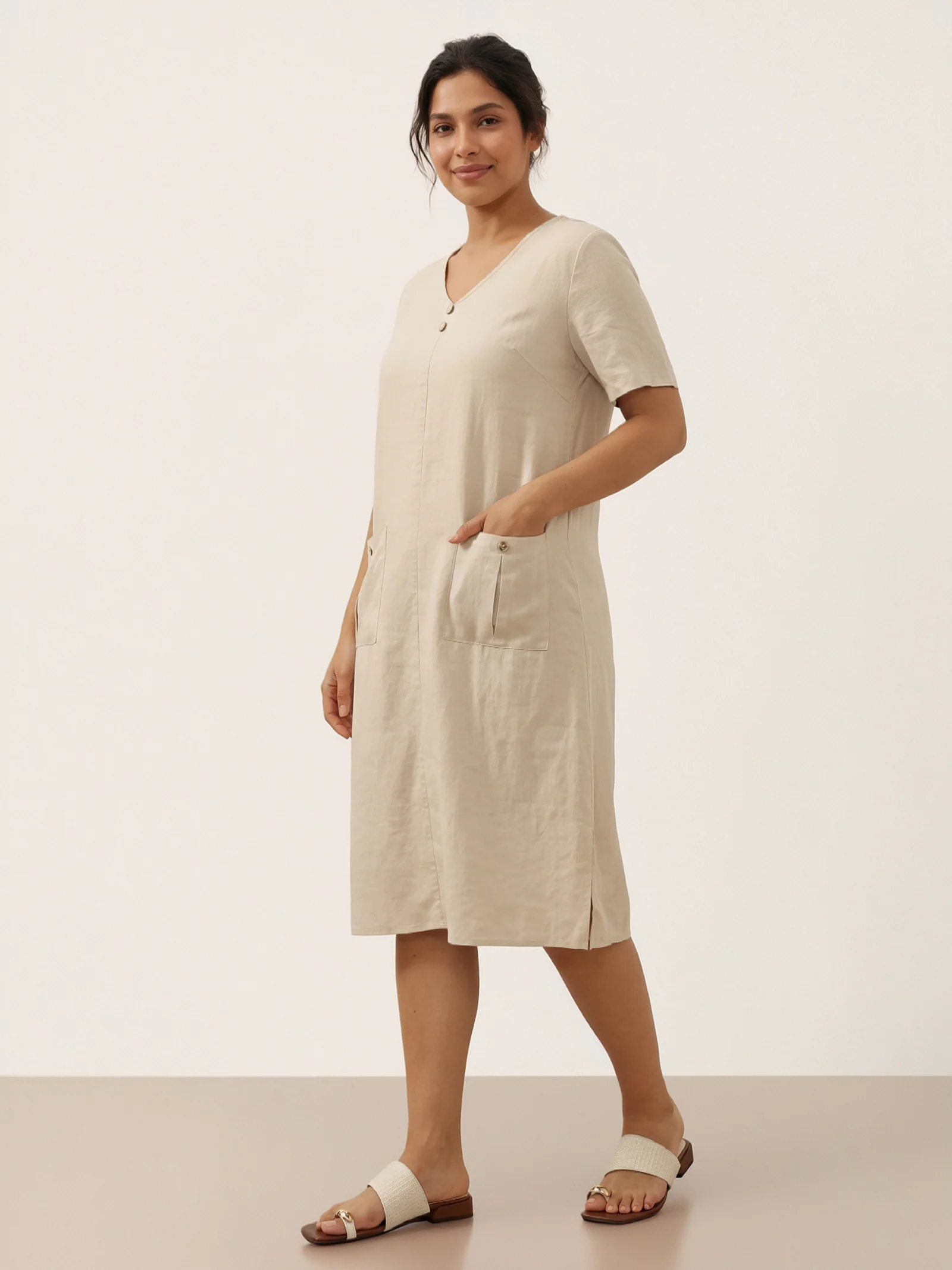 100% Linen Button Front V-Neck Midi Dress NOA - Image 4