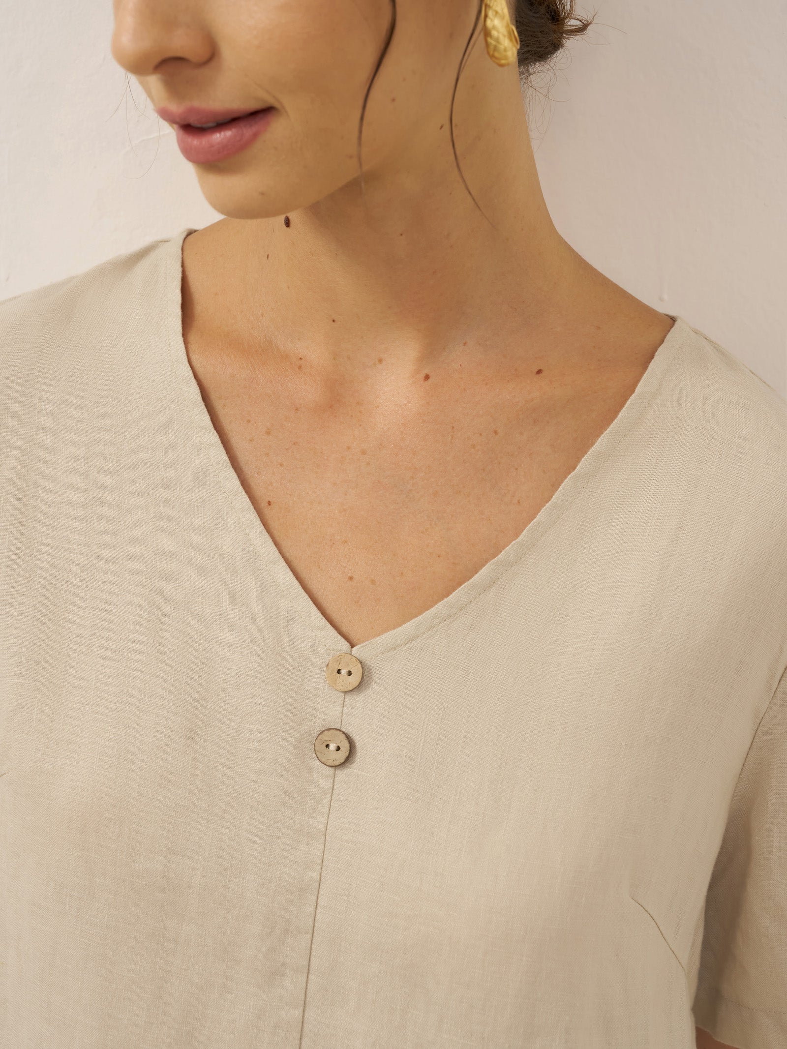 100% Linen Button Front V-Neck Midi Dress NOA - Image 5