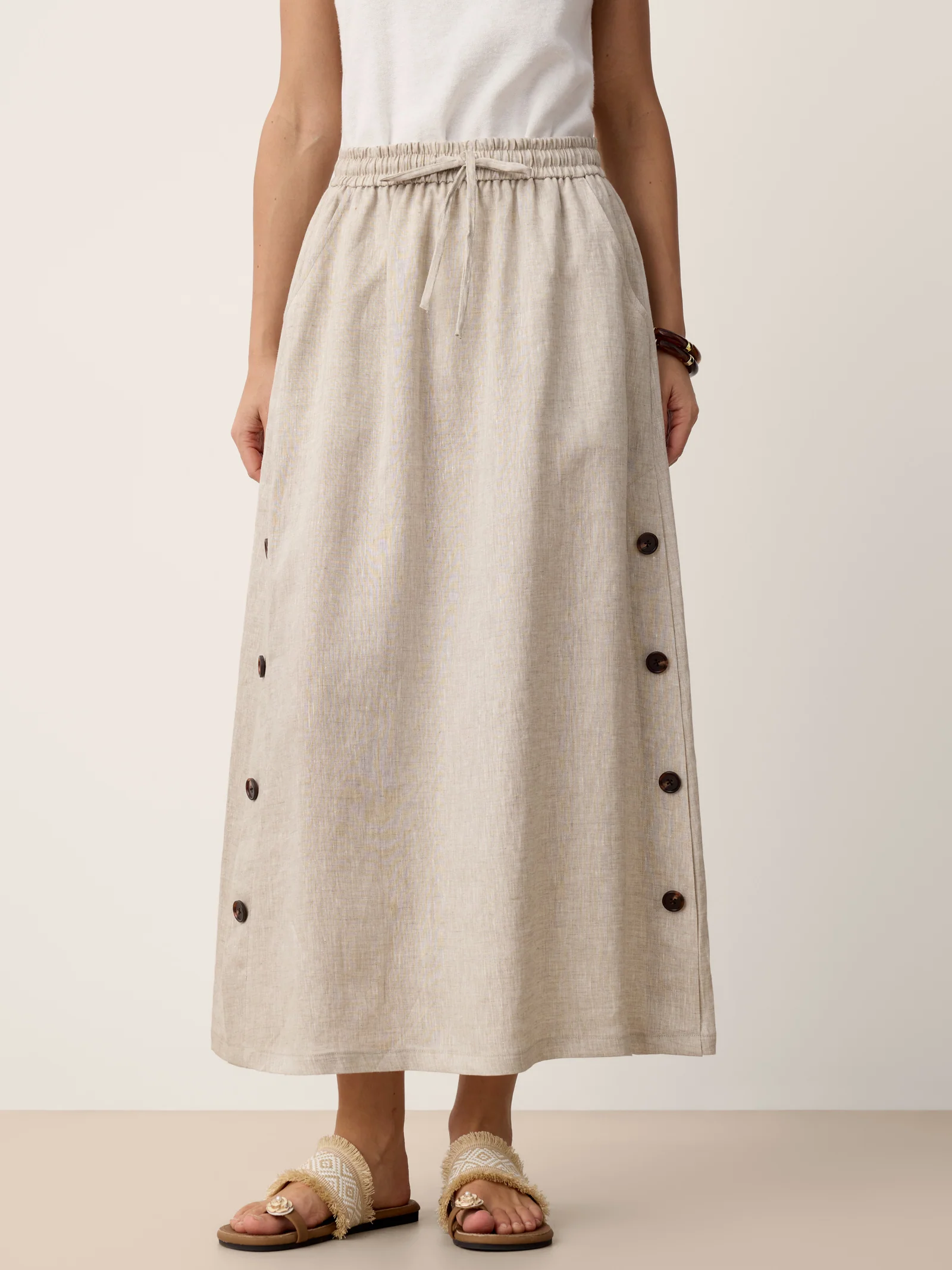 100% Linen Button-Trim Slit Skirt ASTRA