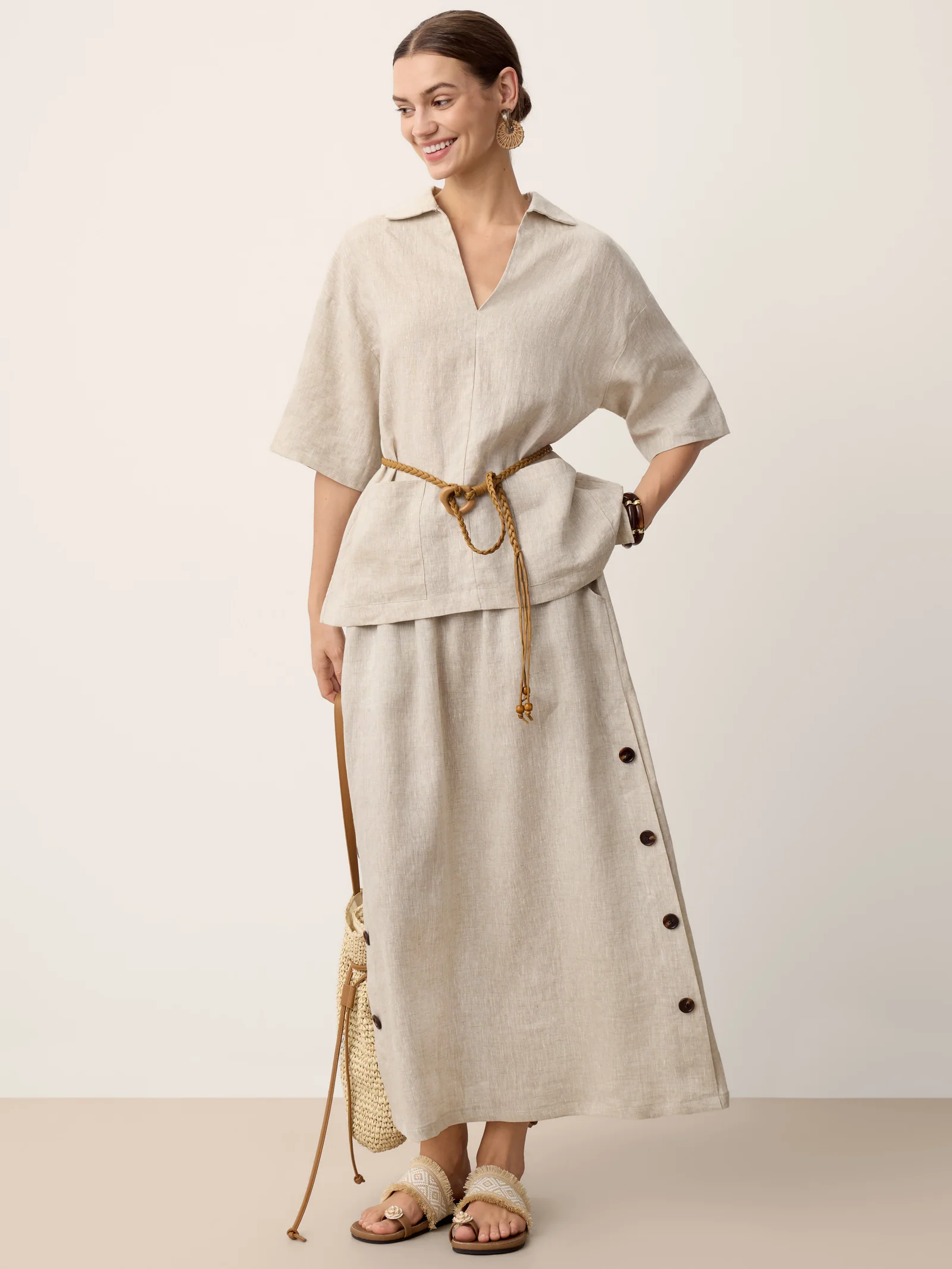 100% Linen Button-Trim Slit Skirt ASTRA - Image 7