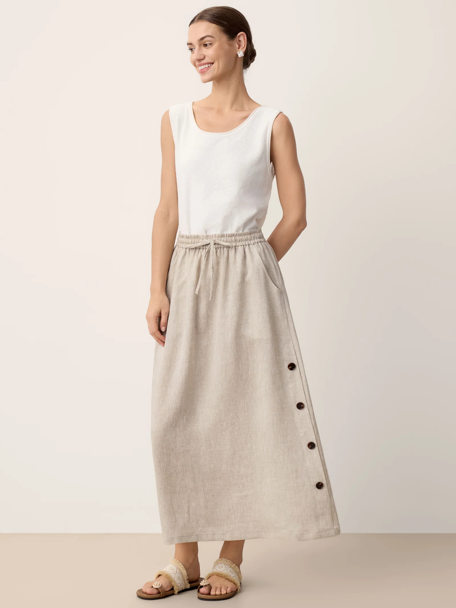 100% Linen Button-Trim Slit Skirt ASTRA - Image 8