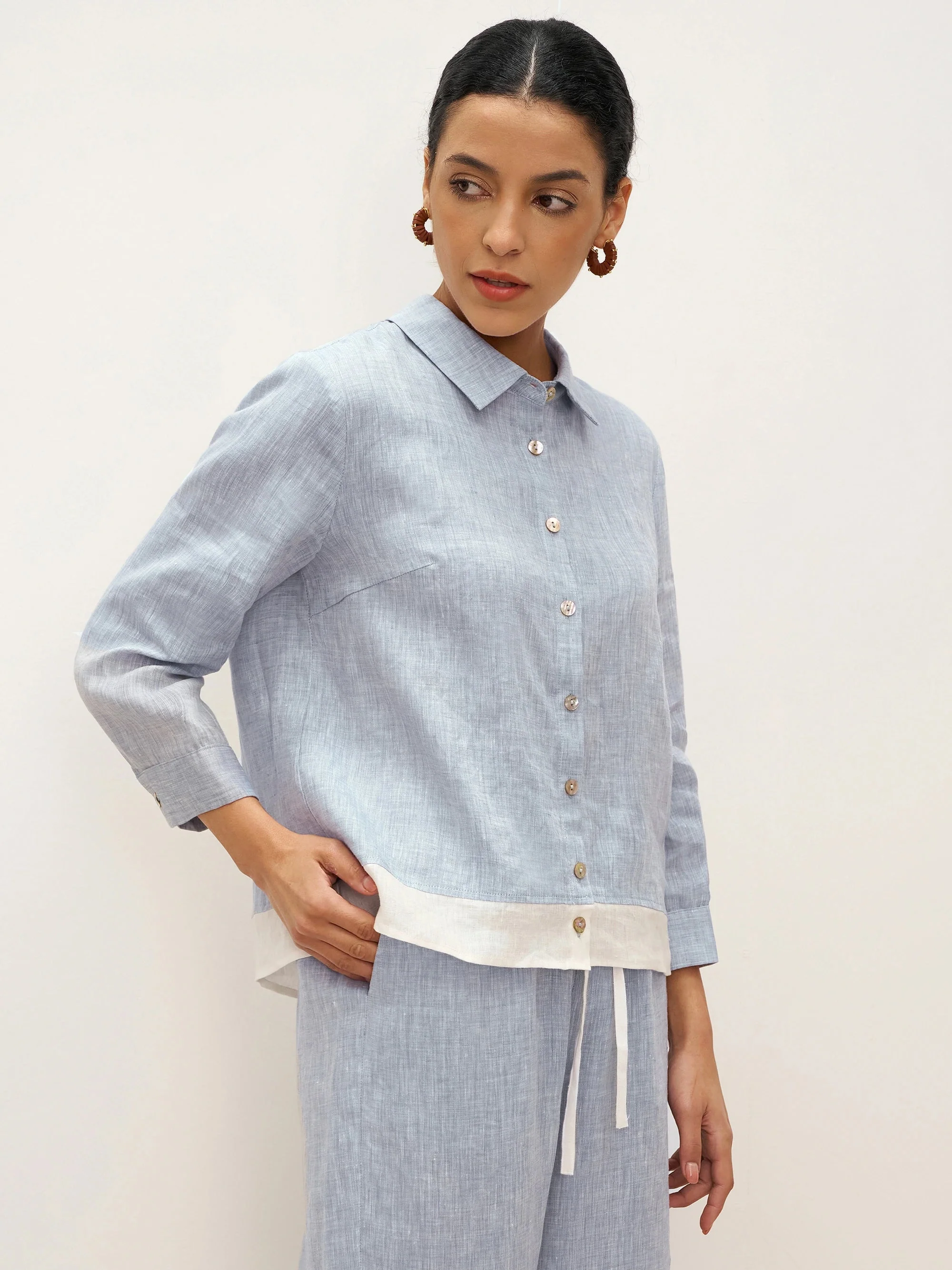 100% Linen Buttoned Closure Color-Blocked Shirt JANICE - Image 6