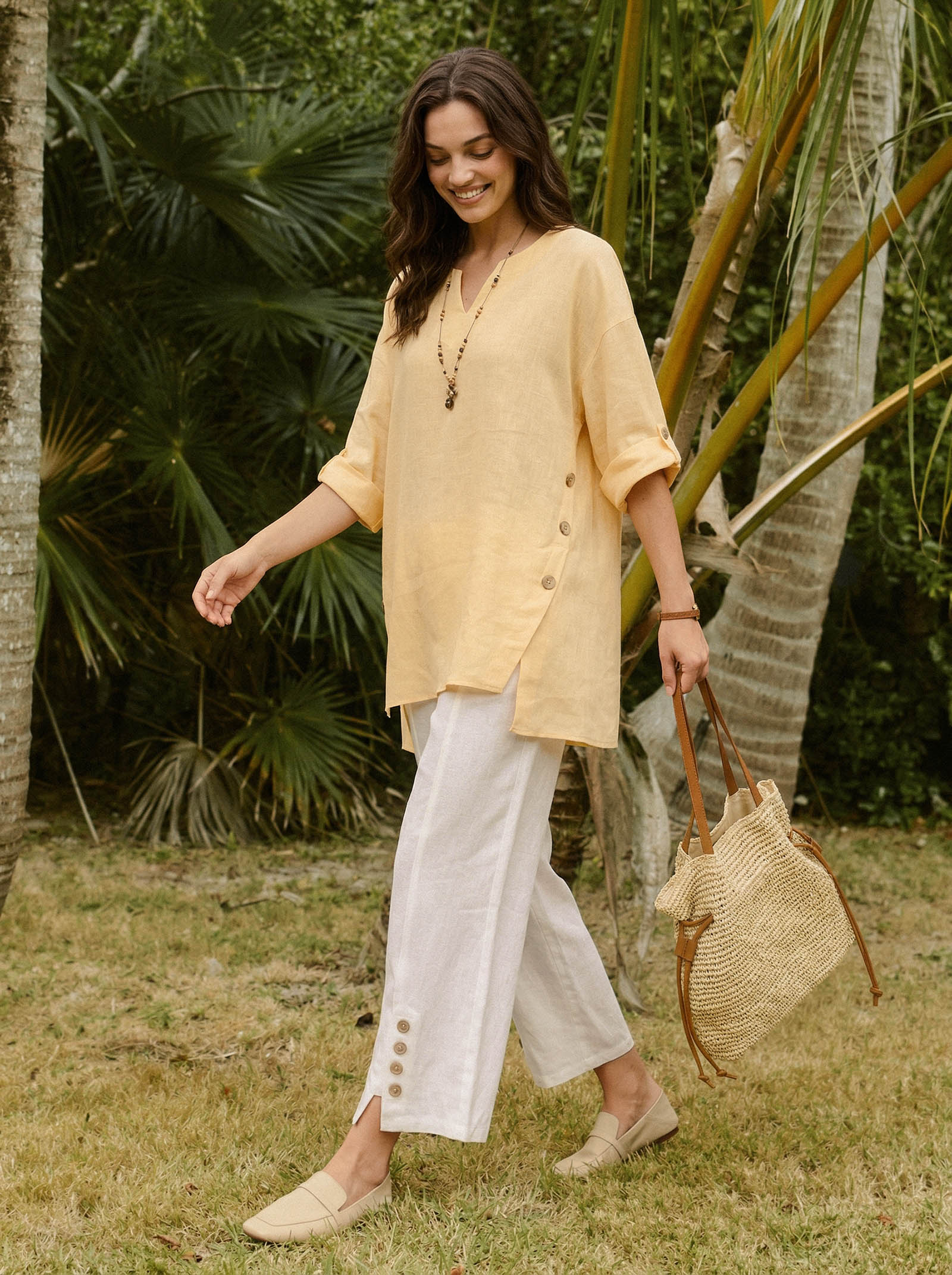 100% Linen Buttoned Split-Hem Pants ALINA - Image 3