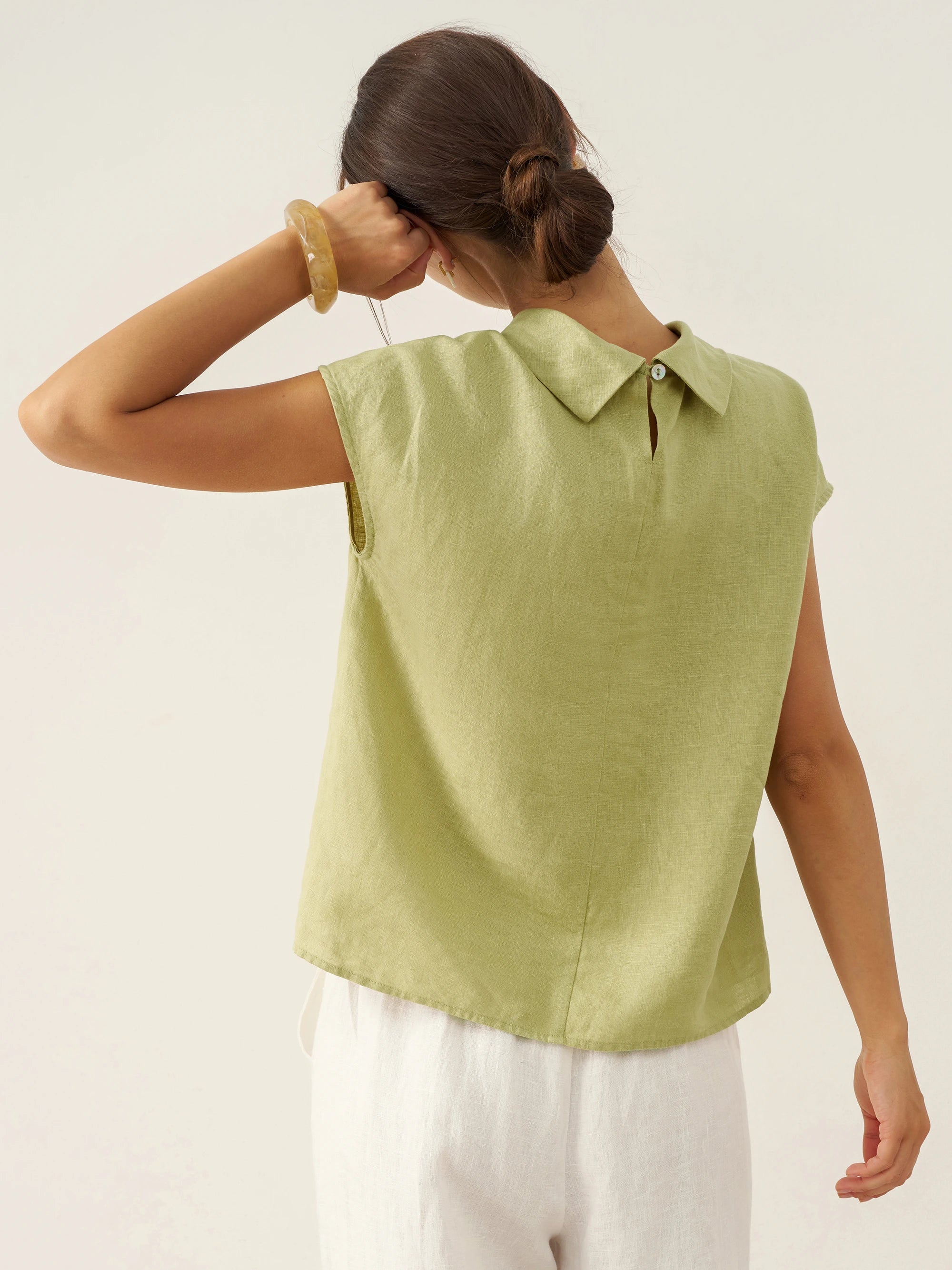 100% Linen Cap Sleeve Soft-Fold Collar Top YVONNE - Image 4