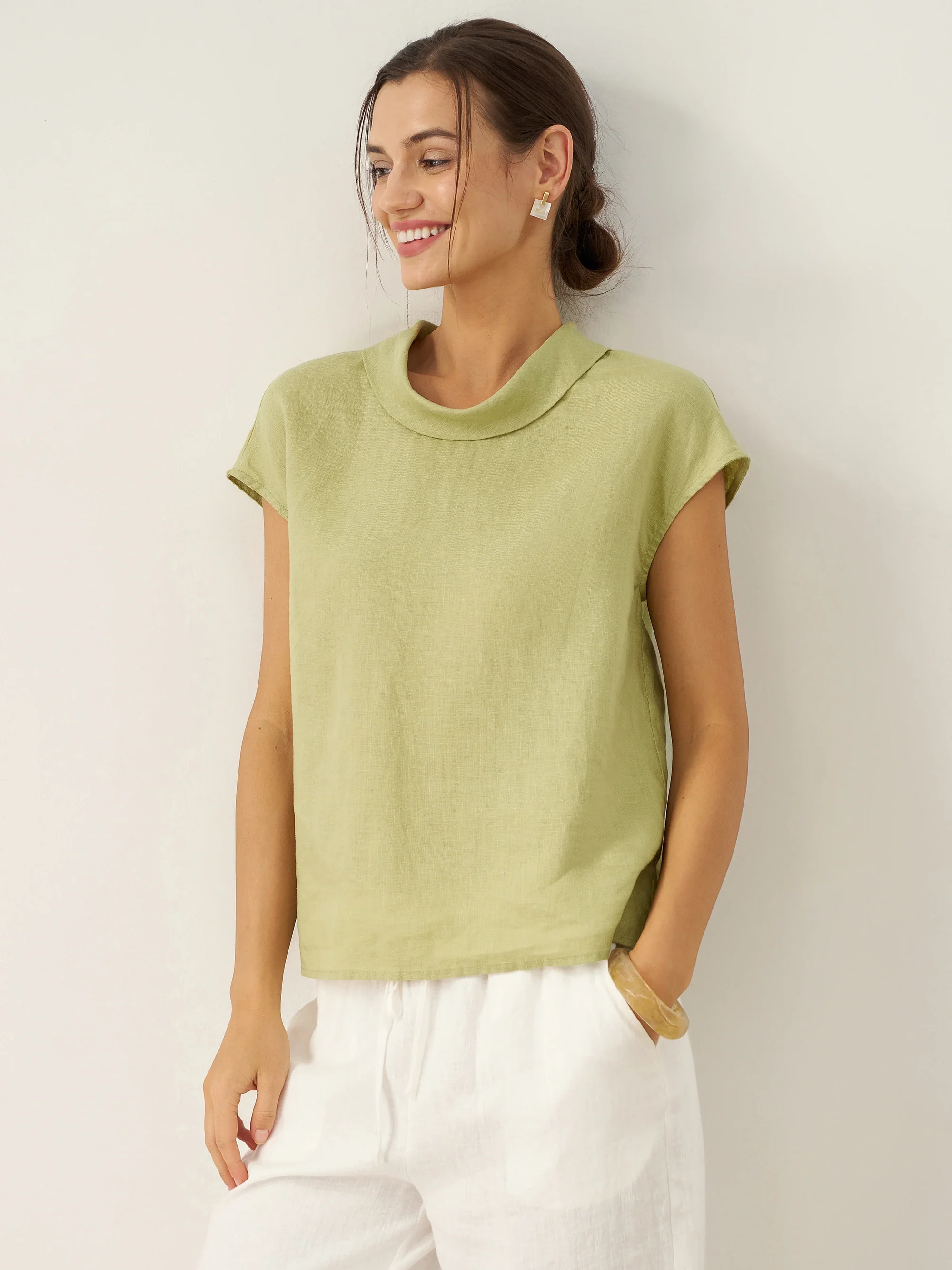 100% Linen Cap Sleeve Soft-Fold Collar Top YVONNE - Image 5