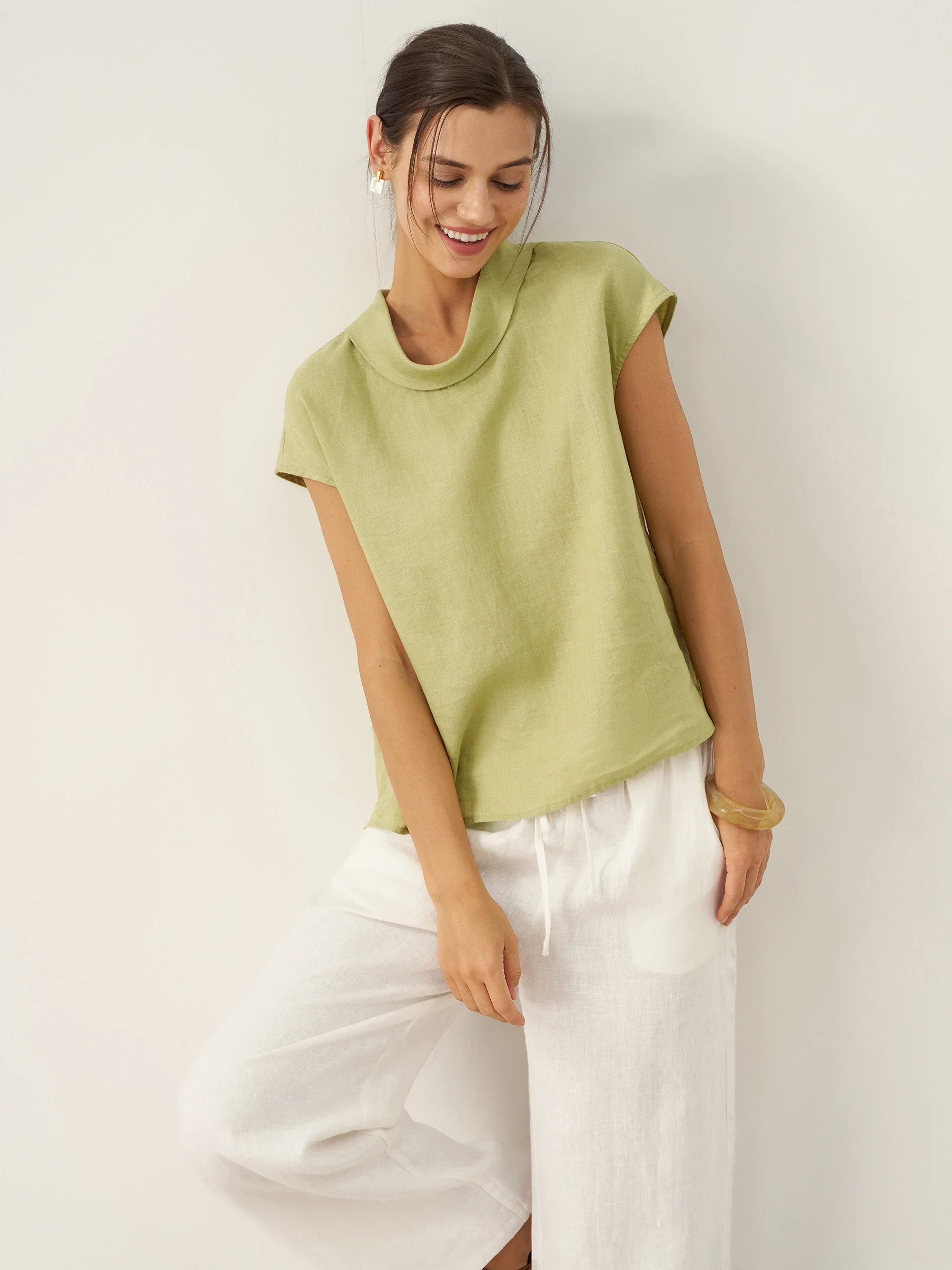 100% Linen Cap Sleeve Soft-Fold Collar Top YVONNE - Image 6